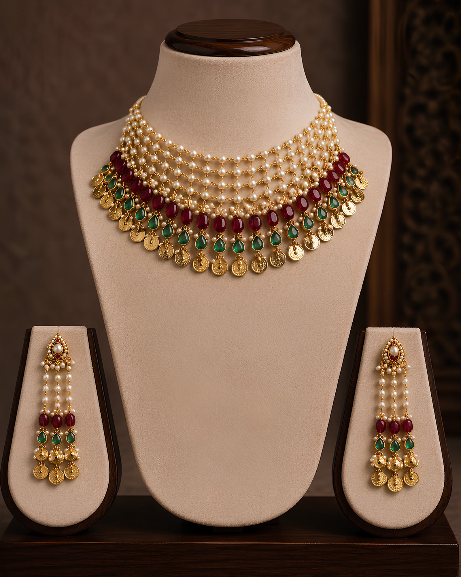 Multi-Layered Pearl & Gemstone Coin Necklace Set