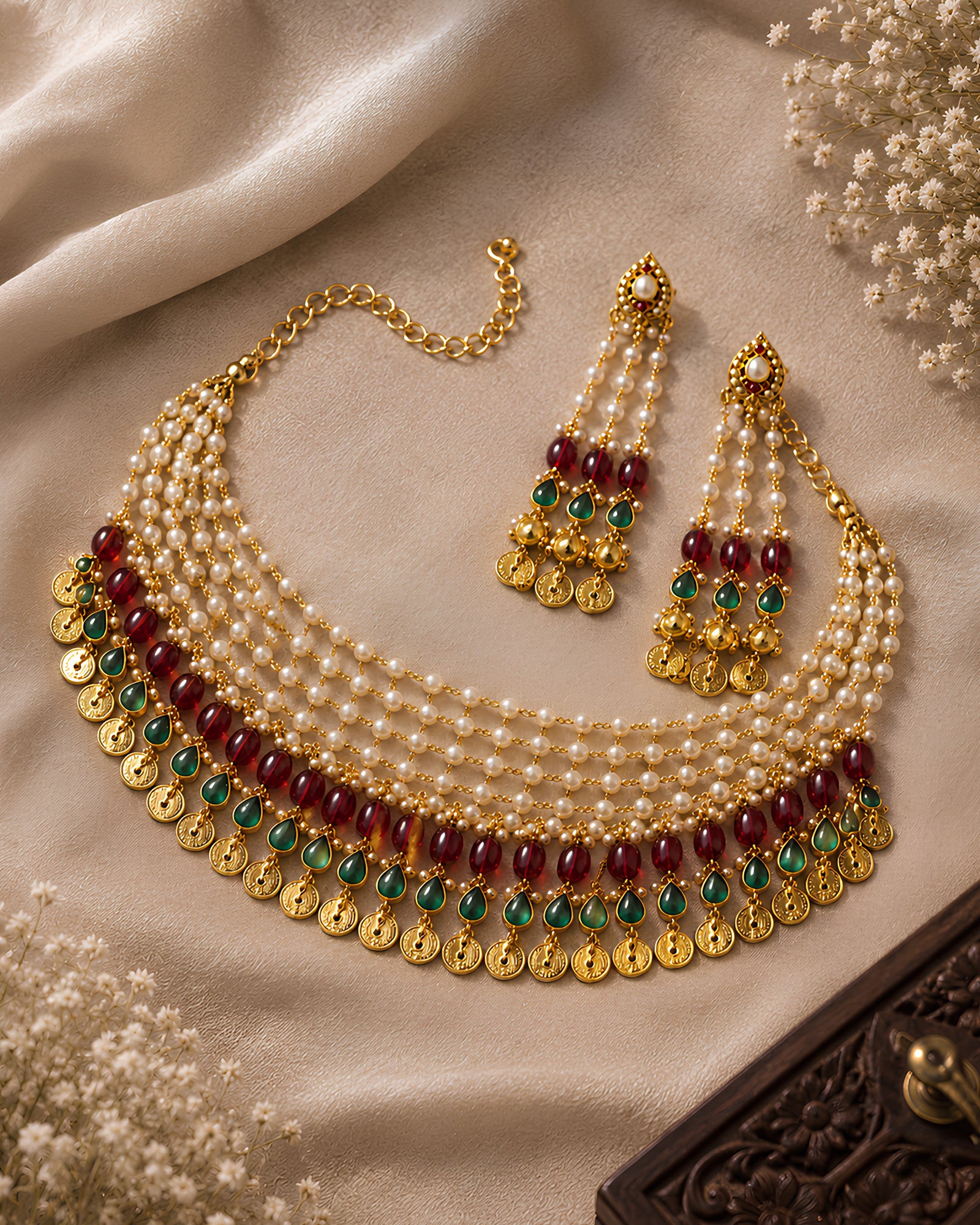 Multi-Layered Pearl & Gemstone Coin Necklace Set