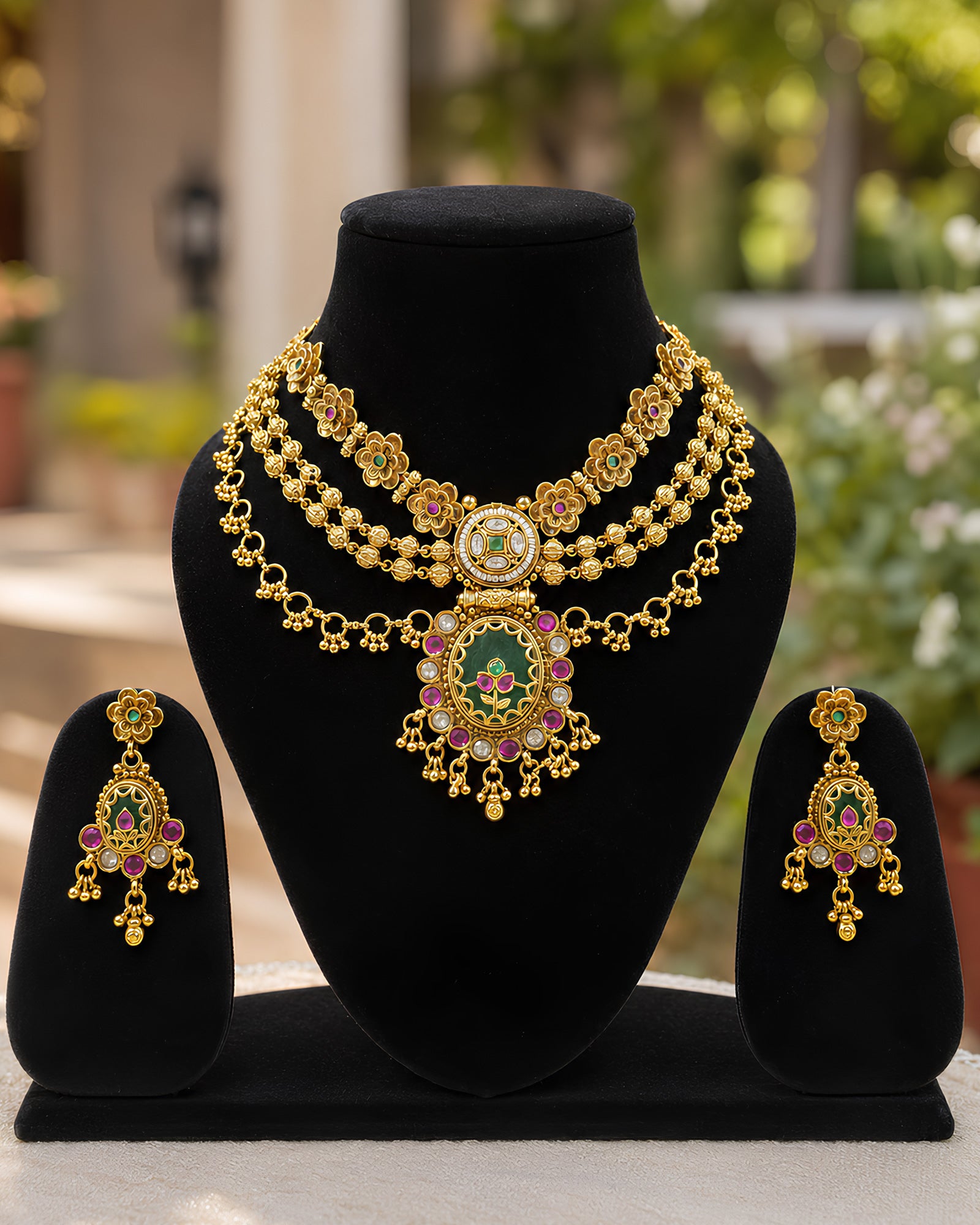 Multi-Strand Floral & Gemstone-Drop Necklace Set