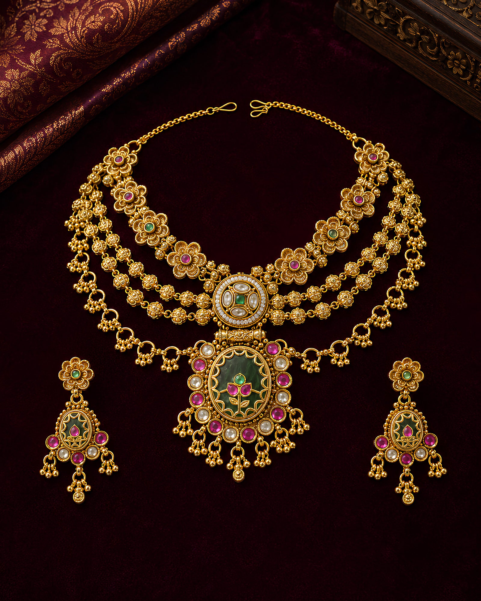Multi-Strand Floral & Gemstone-Drop Necklace Set