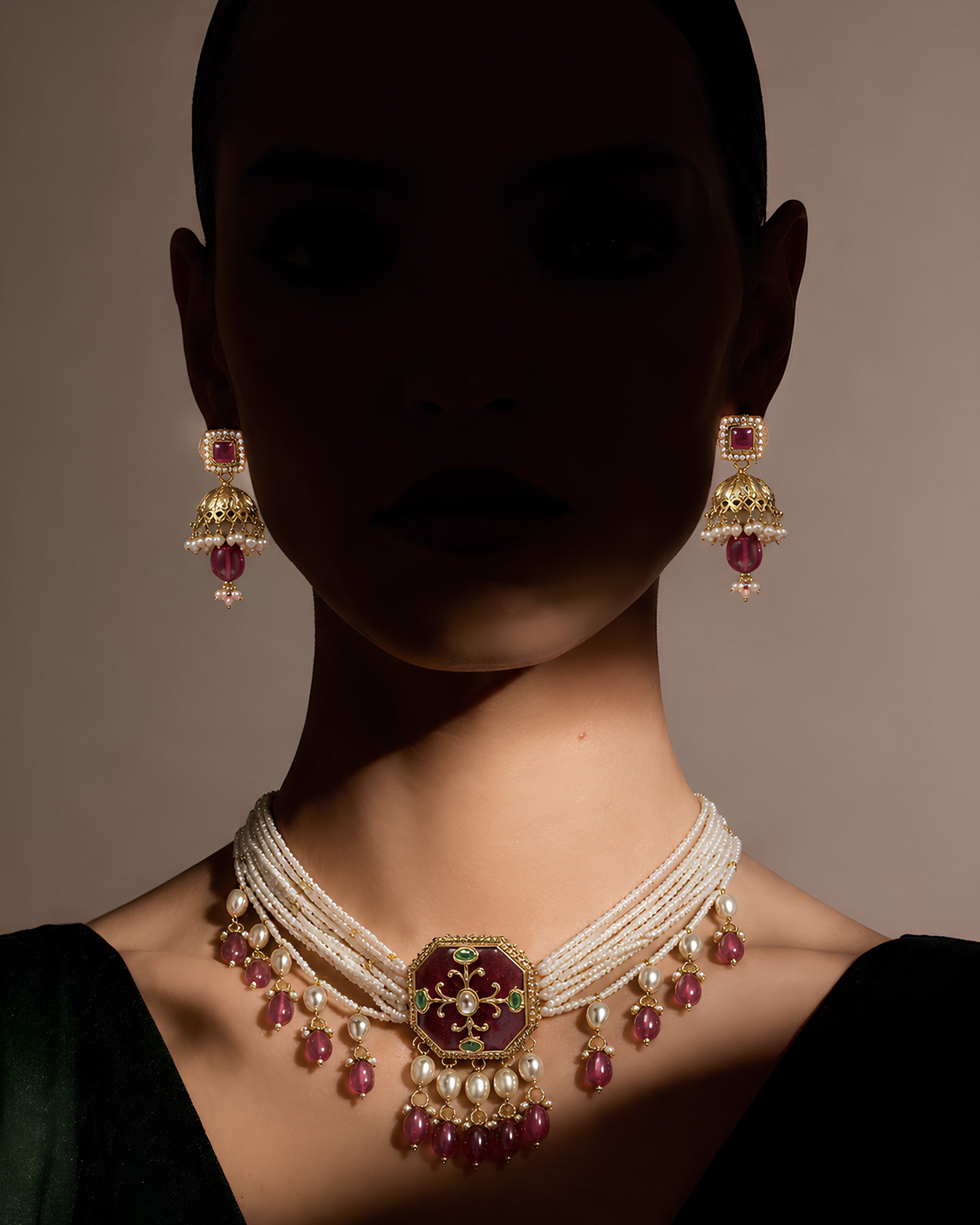 Multi-Strand Pearl & Ruby Choker Set