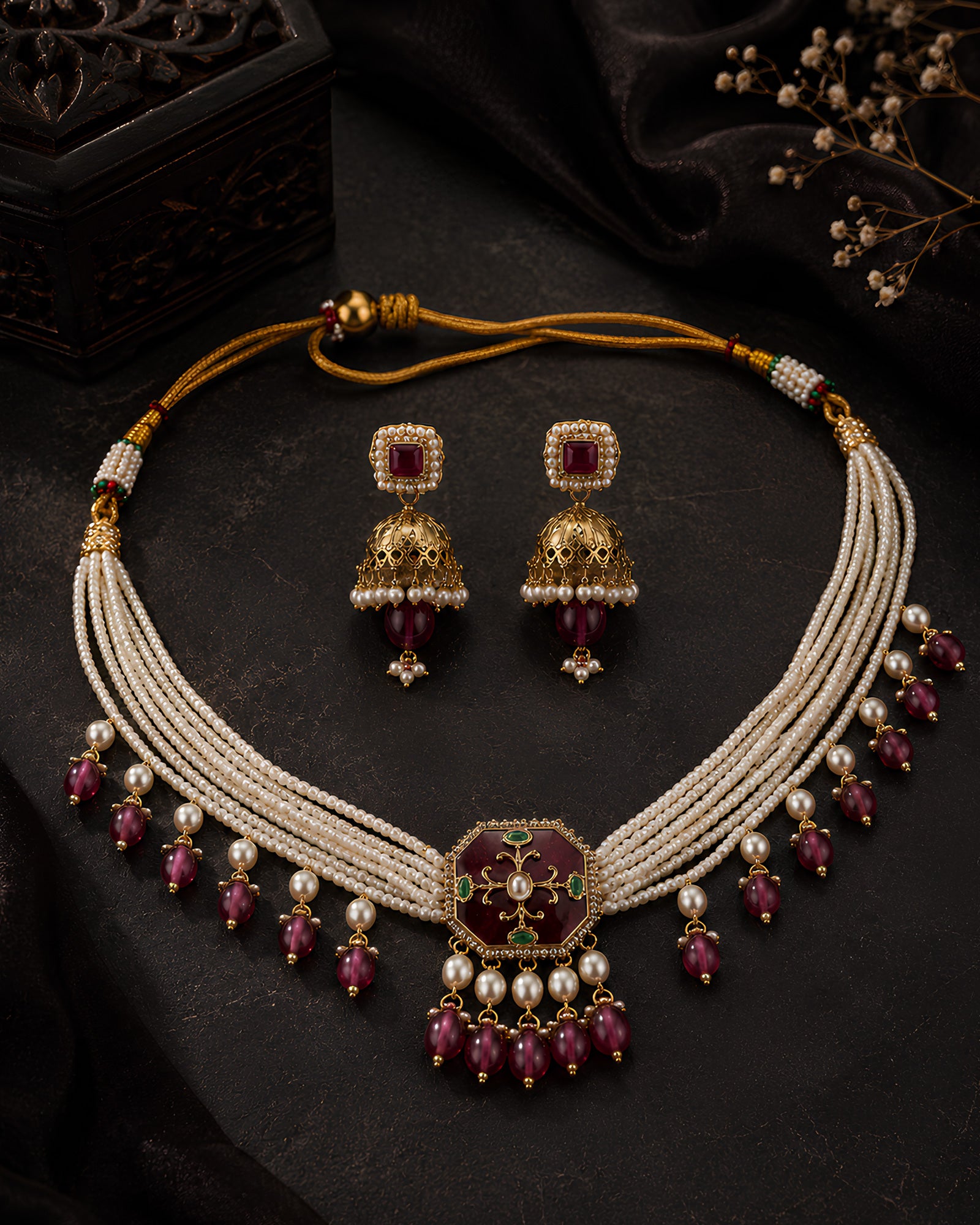 Multi-Strand Pearl & Ruby Choker Set