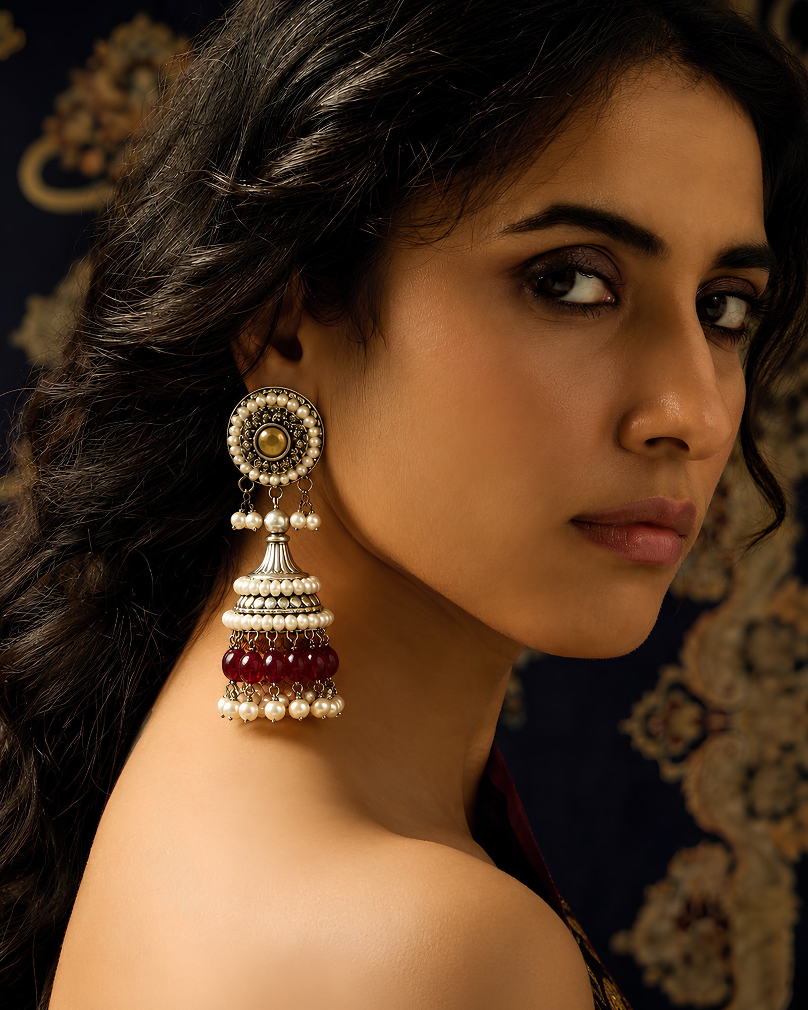 Multi-Tiered Ruby & Pearl Jhumkas