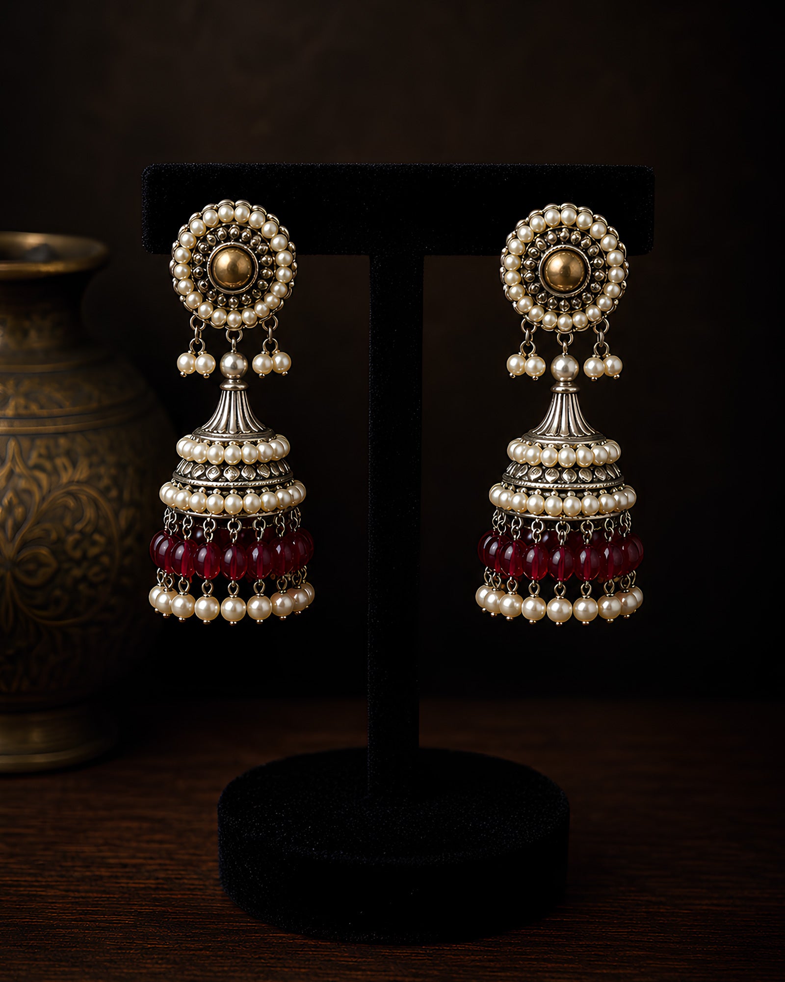 Multi-Tiered Ruby & Pearl Jhumkas