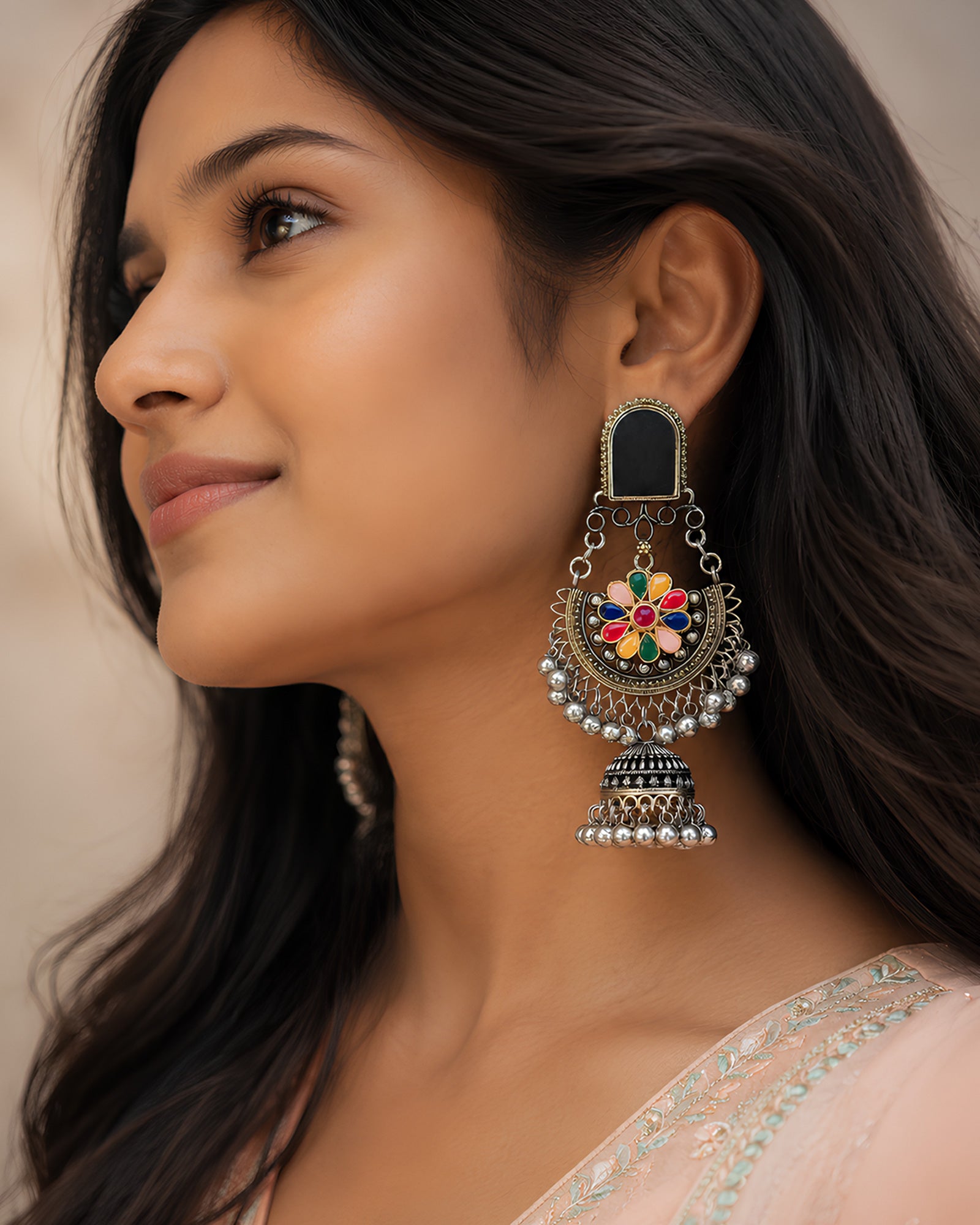 Multicolor Bloom Chandbali-Style Oxidized Jhumkas
