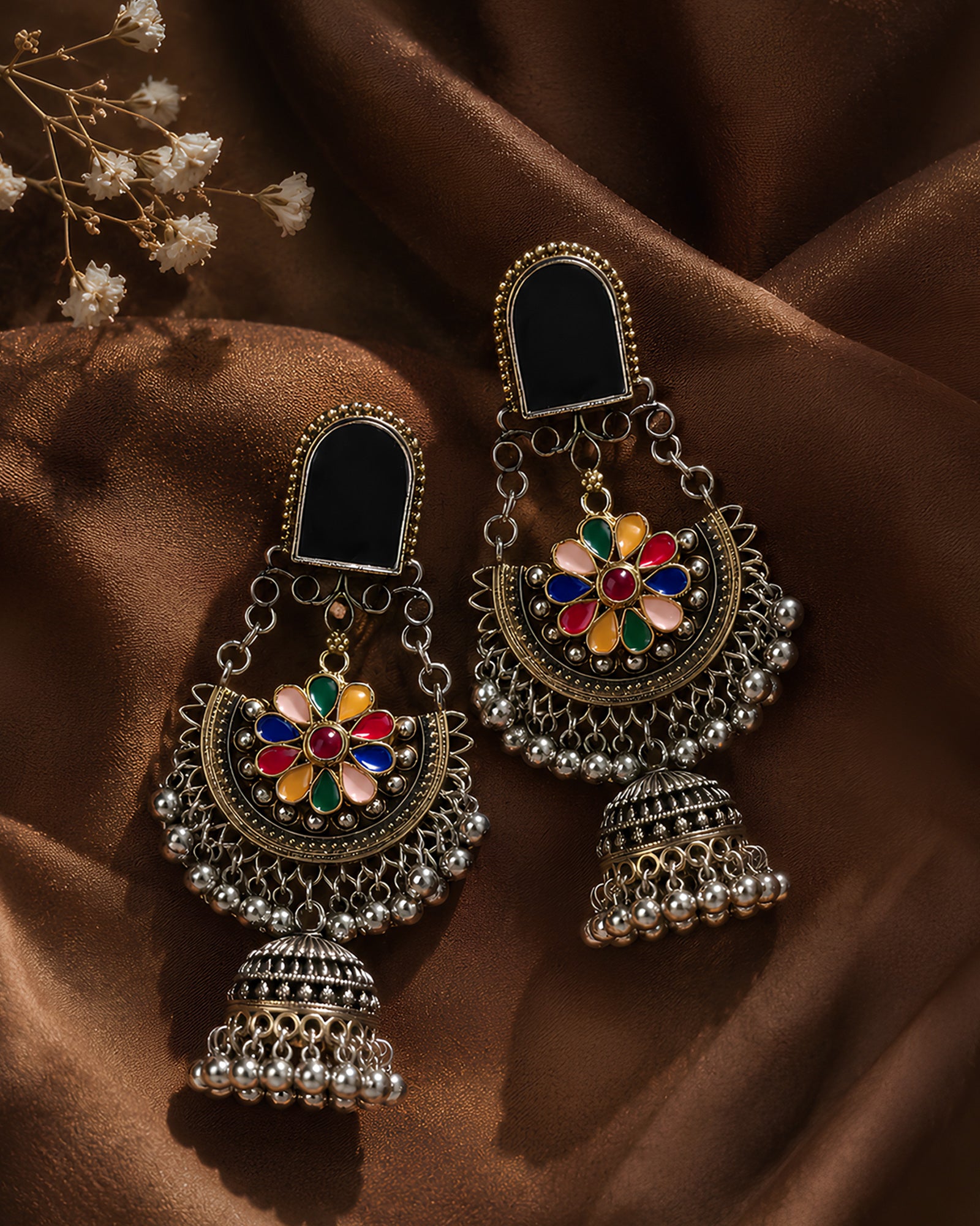 Multicolor Bloom Chandbali-Style Oxidized Jhumkas