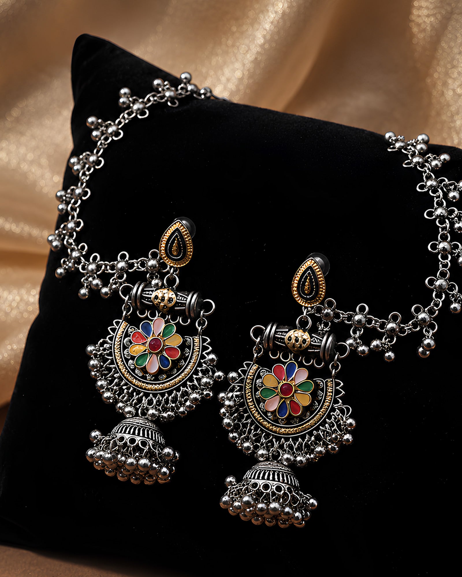 Multicolor Meenakari Chandbali Oxidized Jhumkas