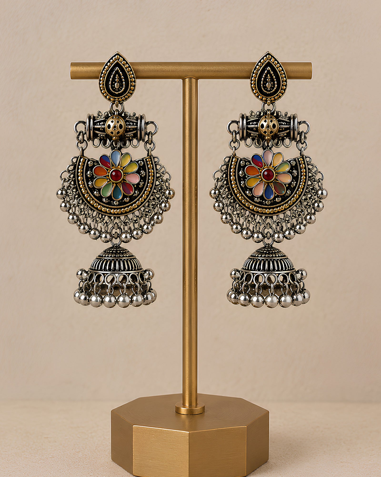 Multicolor Meenakari Chandbali Oxidized Jhumkas