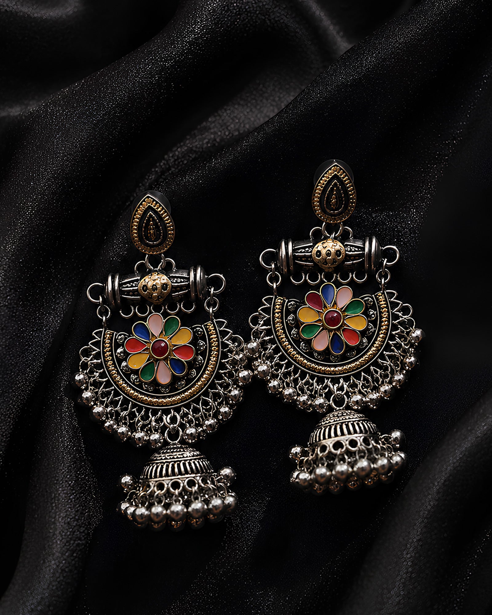 Multicolor Meenakari Chandbali Oxidized Jhumkas