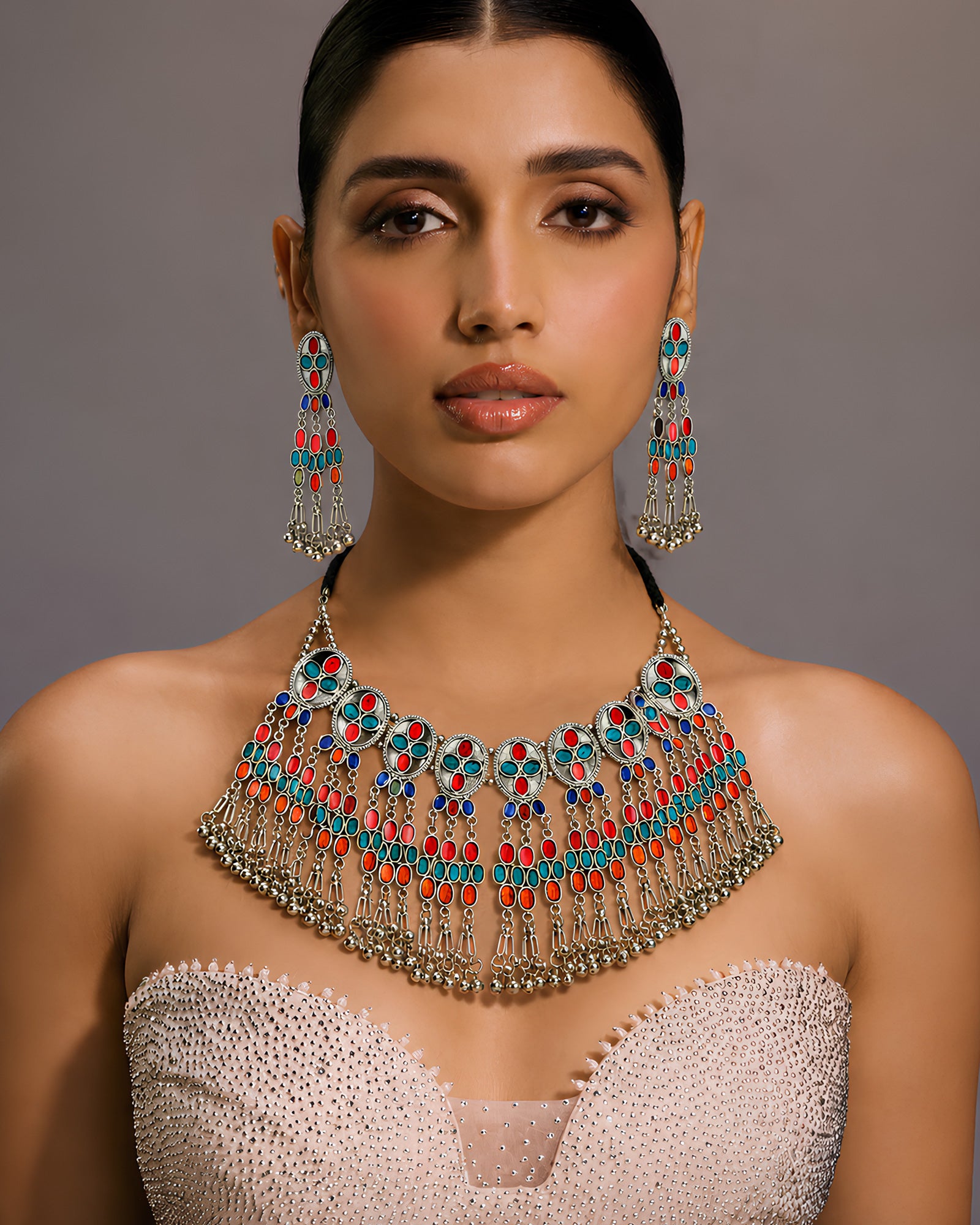 Multicolored Enamel Bib Oxidized Necklace