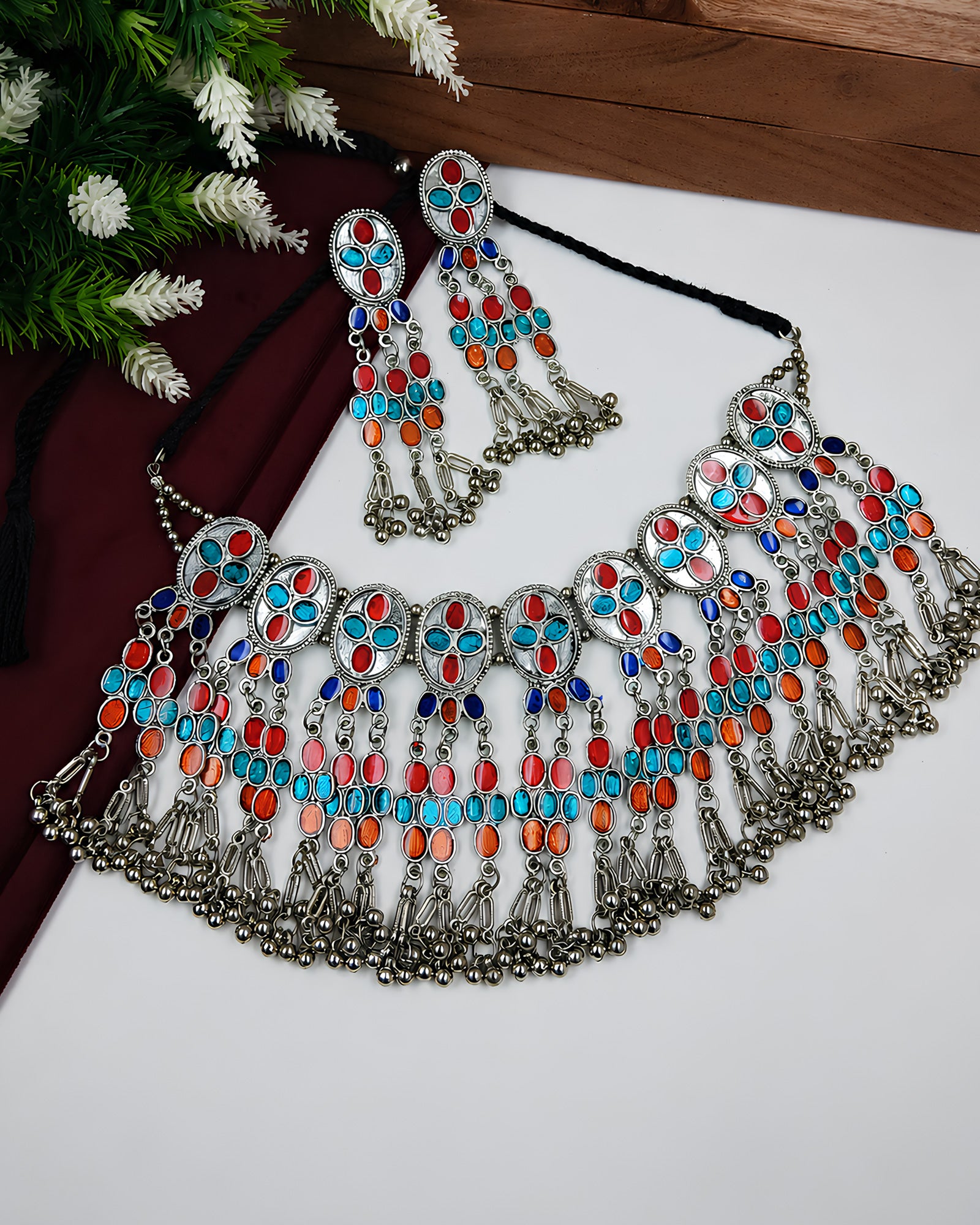 Multicolored Enamel Bib Oxidized Necklace