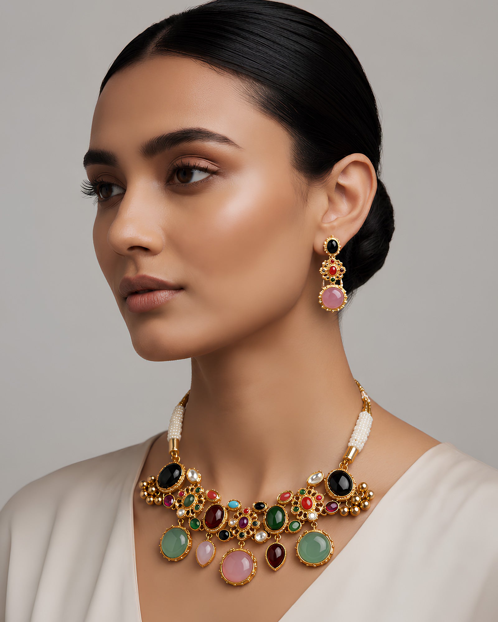 Multicolored Gemstone & Pearl Statement Necklace Set