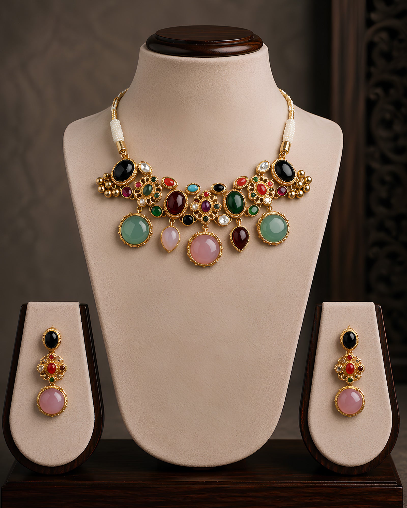 Multicolored Gemstone & Pearl Statement Necklace Set
