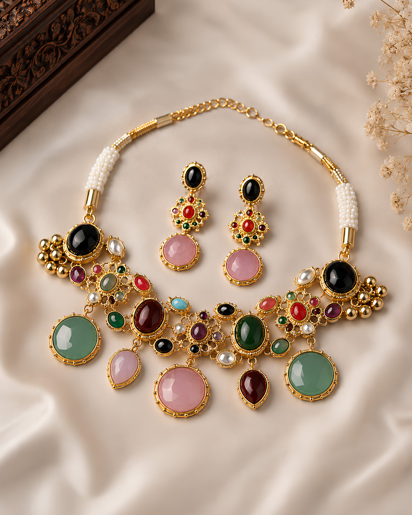 Multicolored Gemstone & Pearl Statement Necklace Set