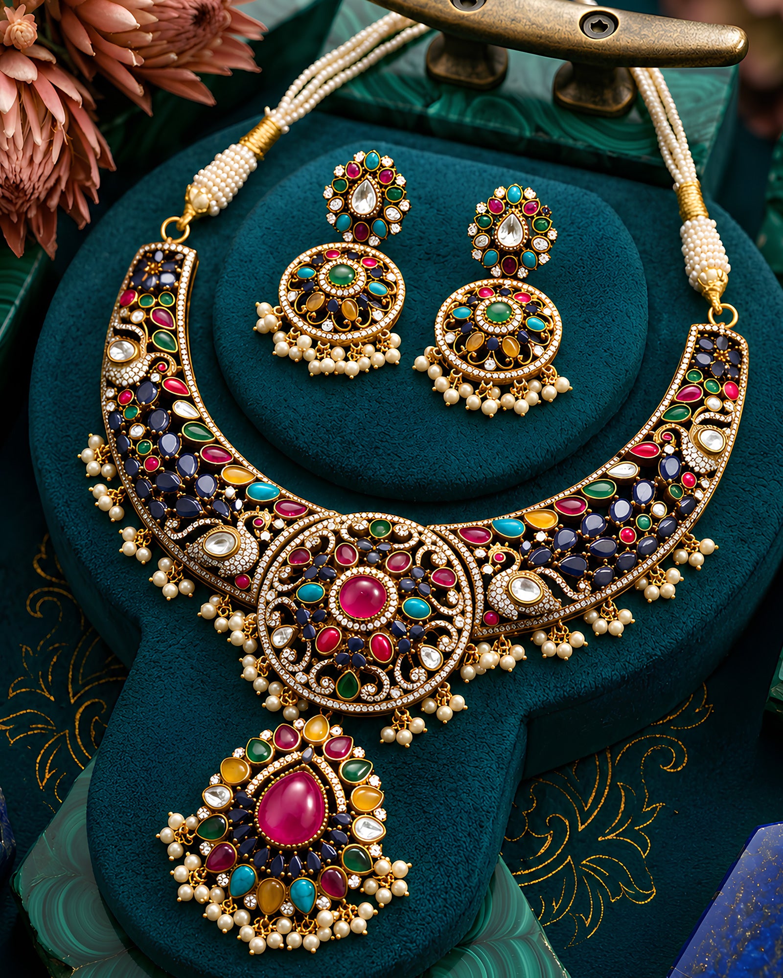 Multicolored Stone-Encrusted Statement Necklace Set