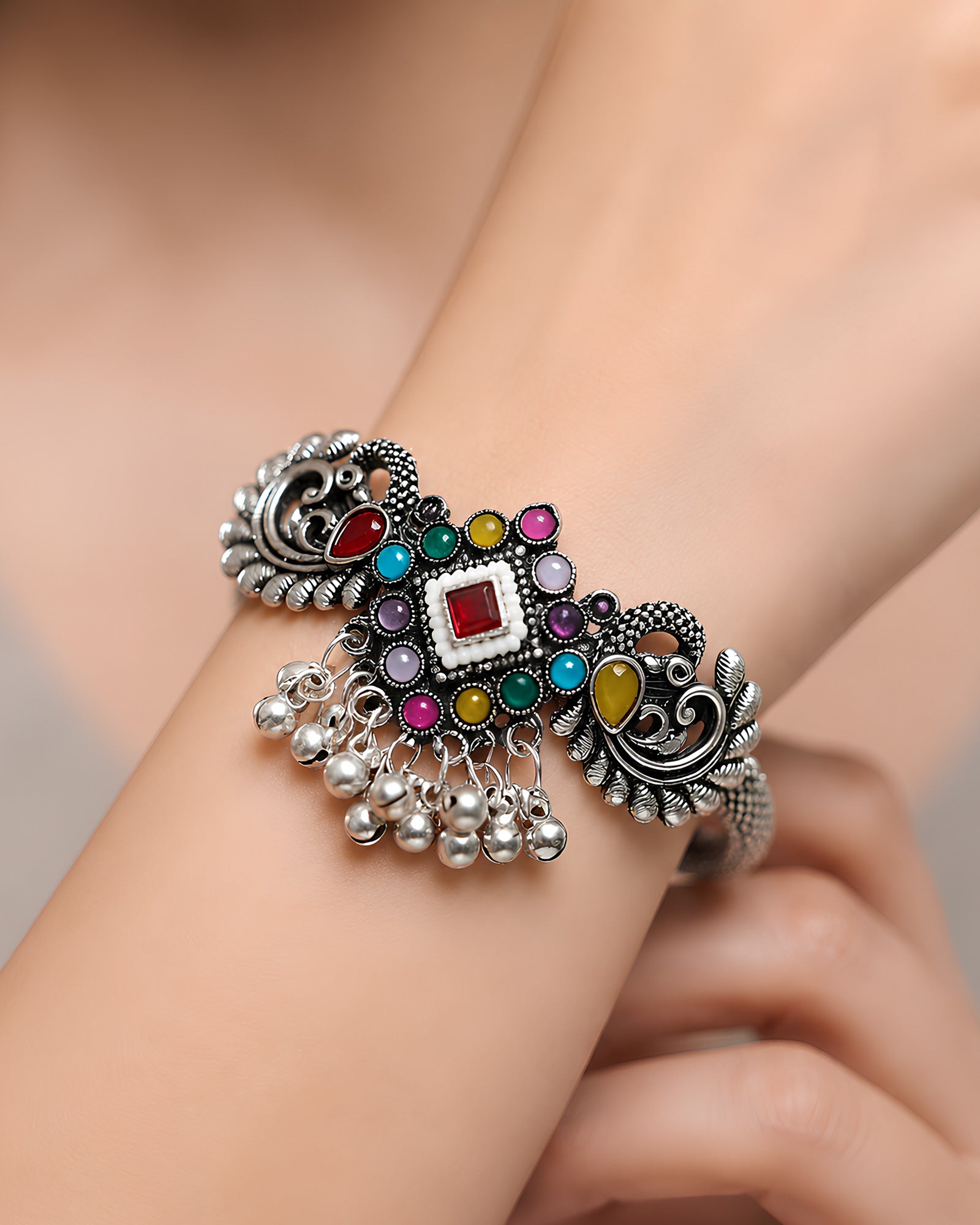Multicolored Stone Peacock Oxidized Kada