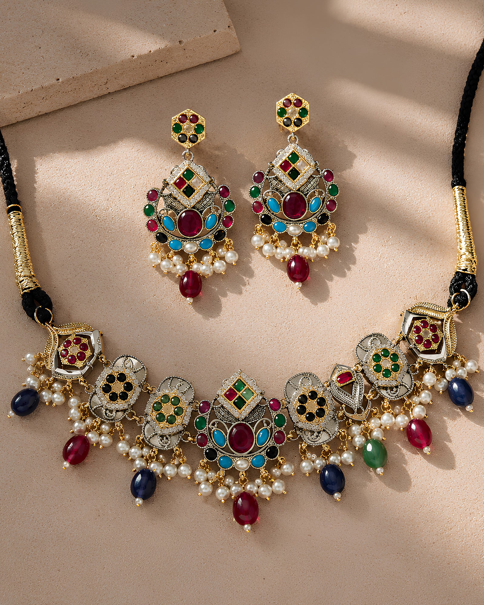 Navratna-Inspired Multi-Gemstone Navaratri Choker Necklace
