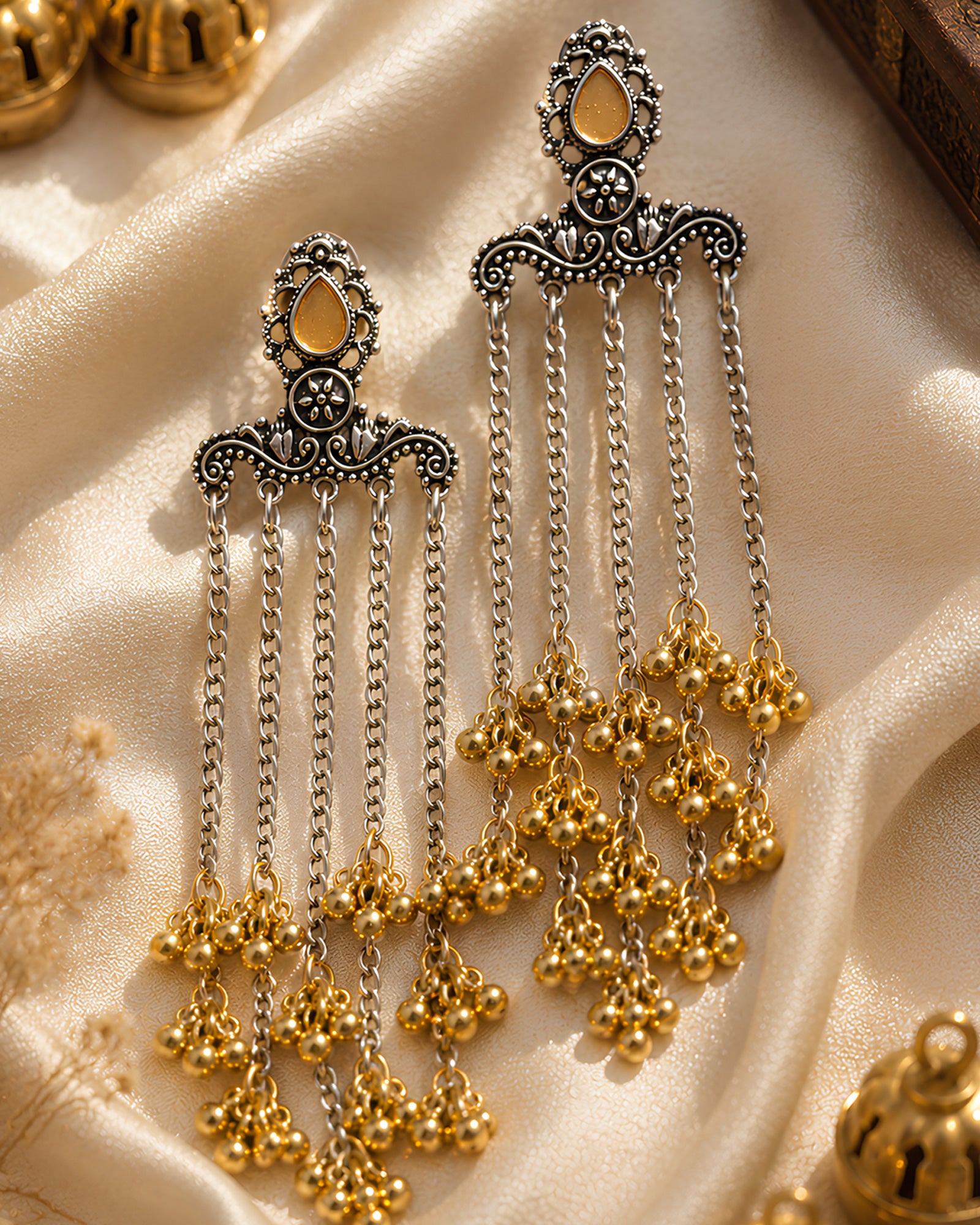 Ochre Bloom & Ghungroo Cascade Oxidized Danglers