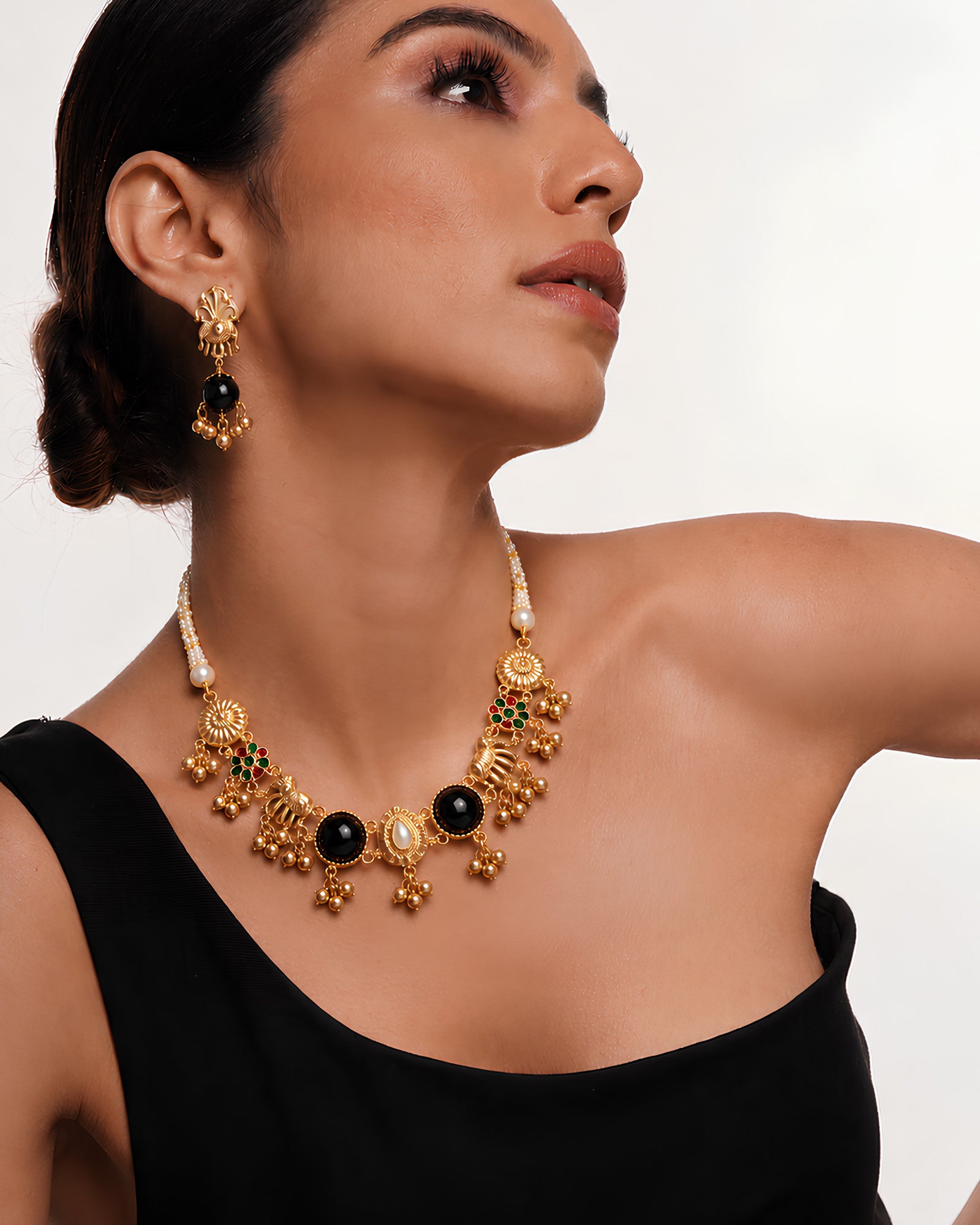 Onyx & Pearl Beaded Gold-Toned Necklace Set