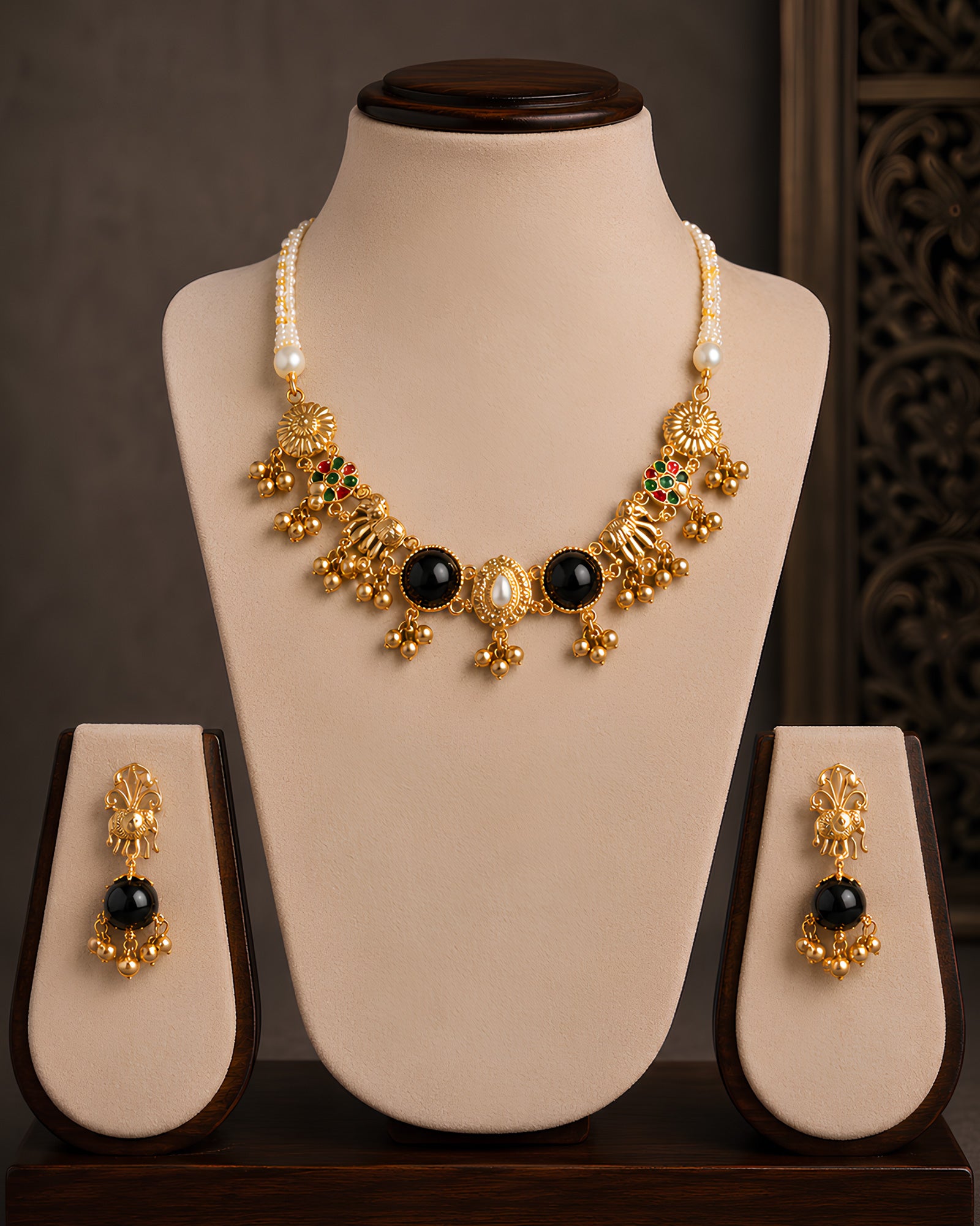 Onyx & Pearl Beaded Gold-Toned Necklace Set