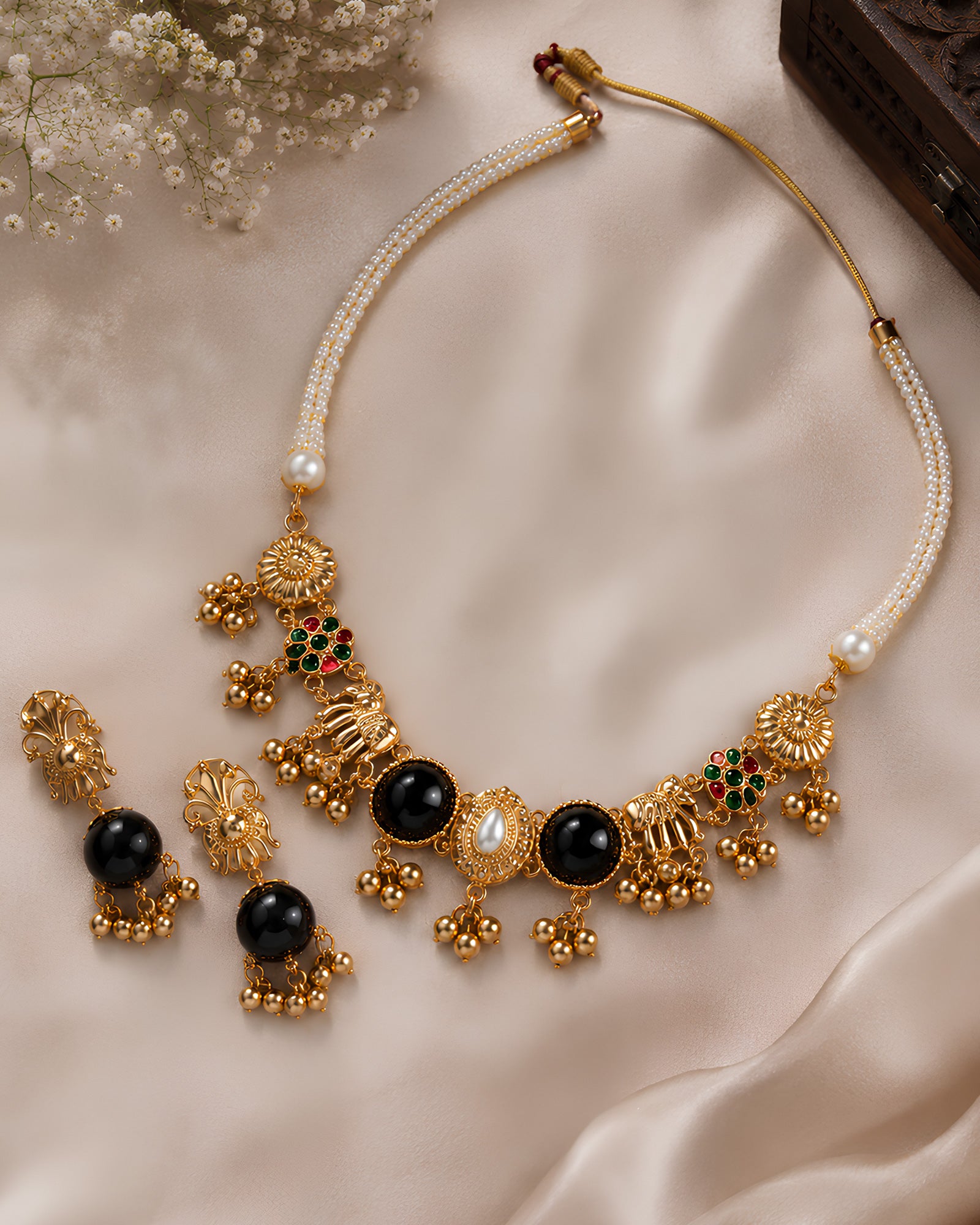 Onyx & Pearl Beaded Gold-Toned Necklace Set