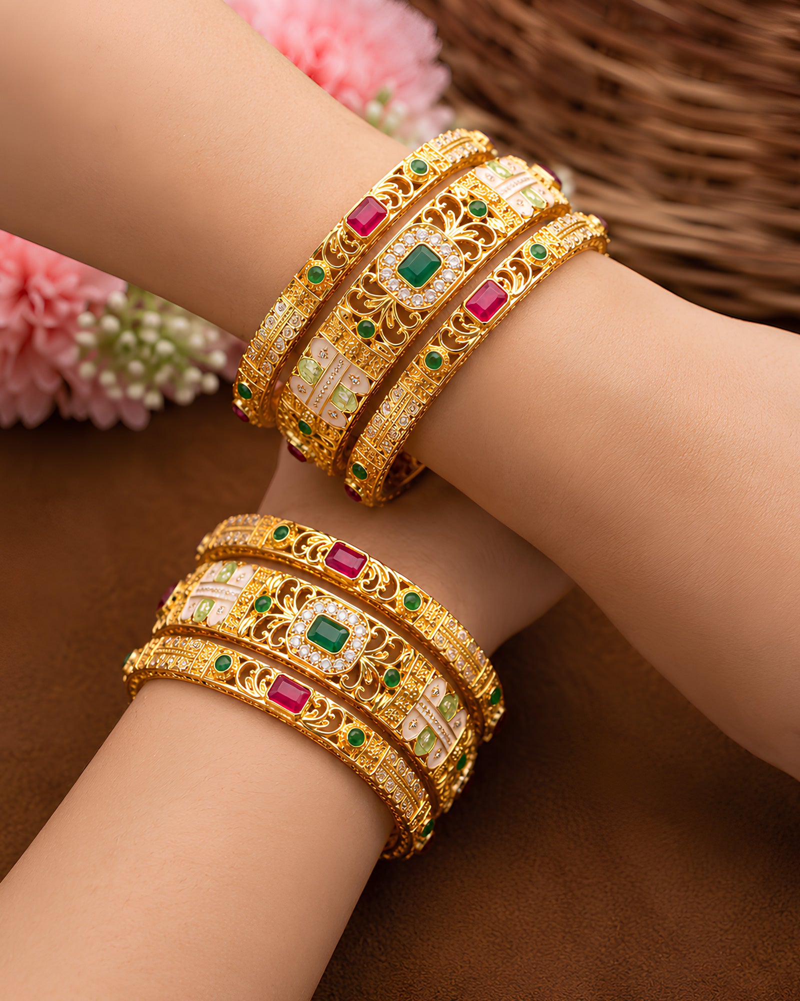 Ornate Enamel & Stone-Studded Bangle Set