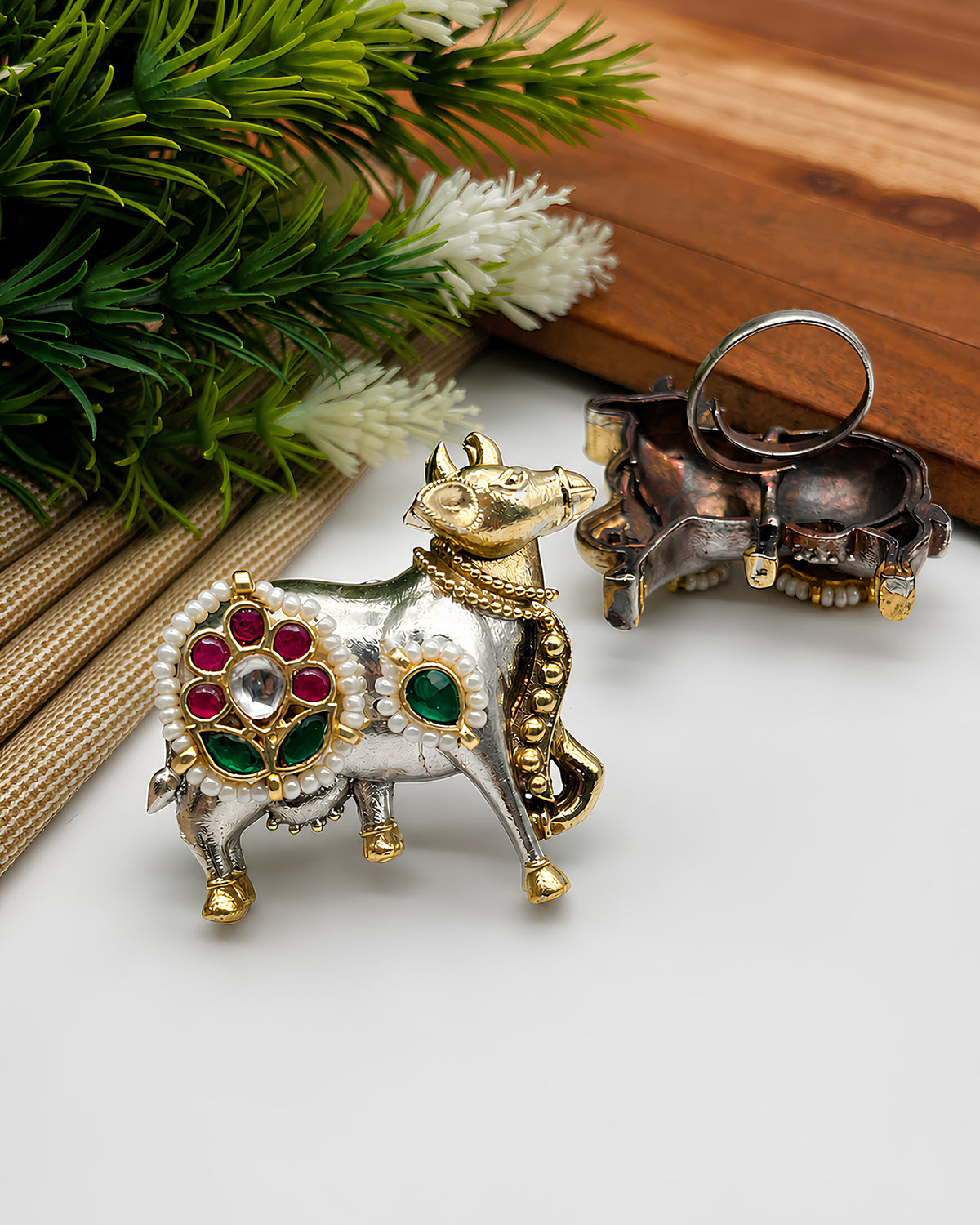 Ornate Kamdhenu Cow Dual-Tone Statement Ring