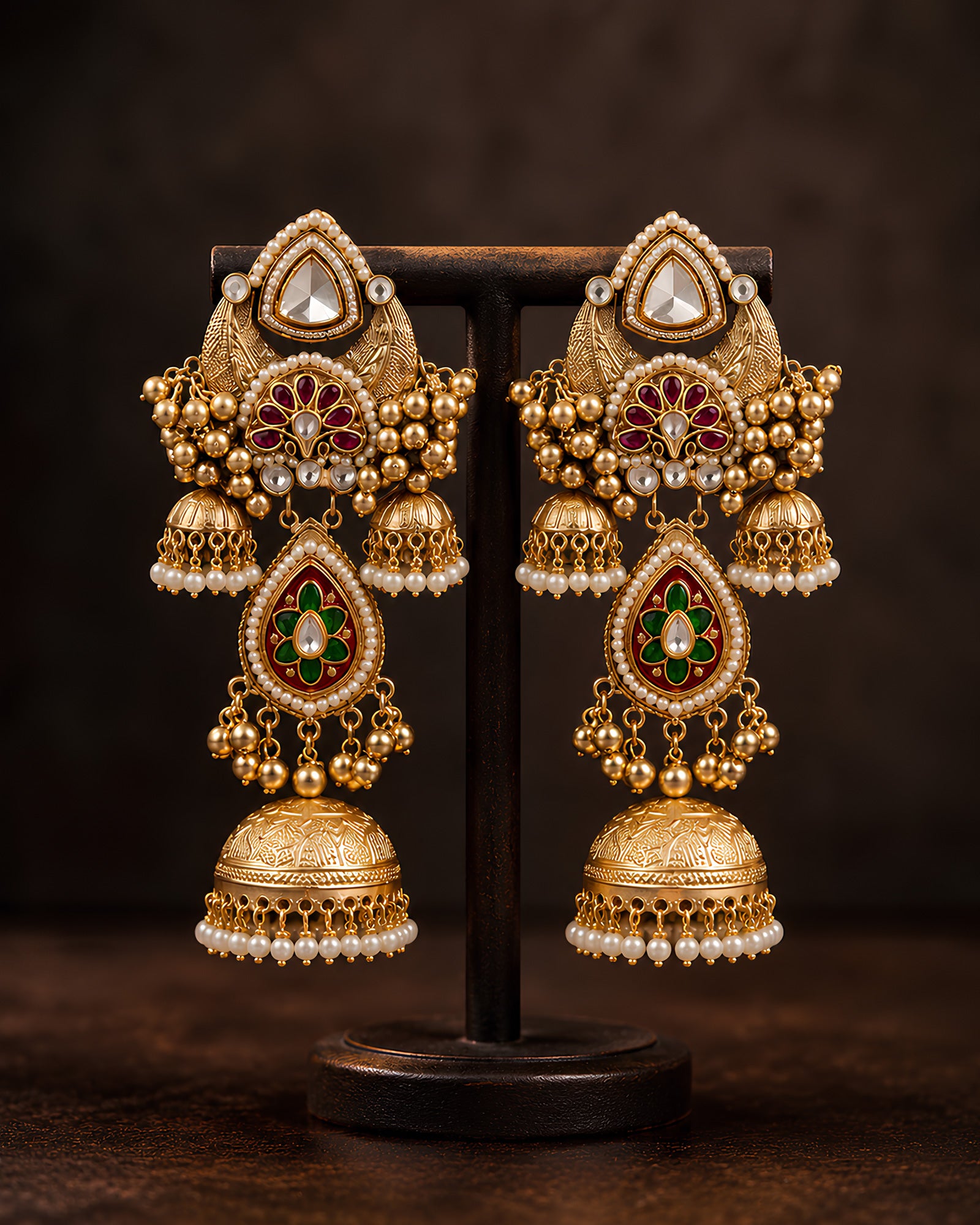 Ornate Kundan & Enameled Double Jhumka Earrings