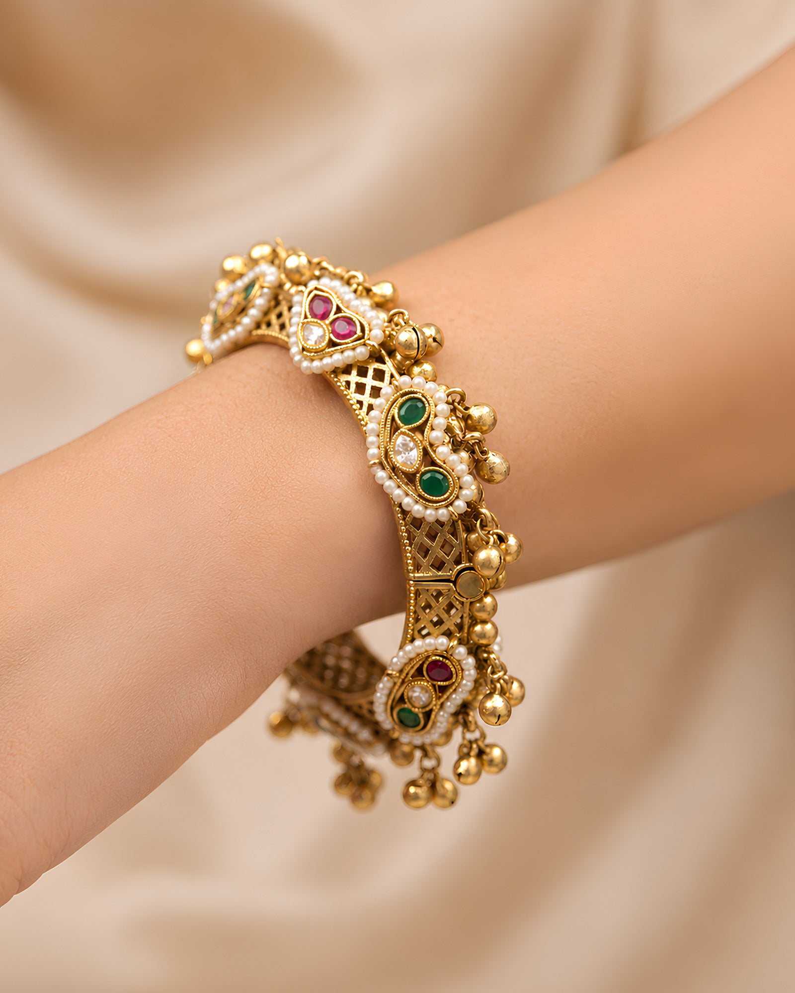 Ornate Kundan & Pearl Charm Kada