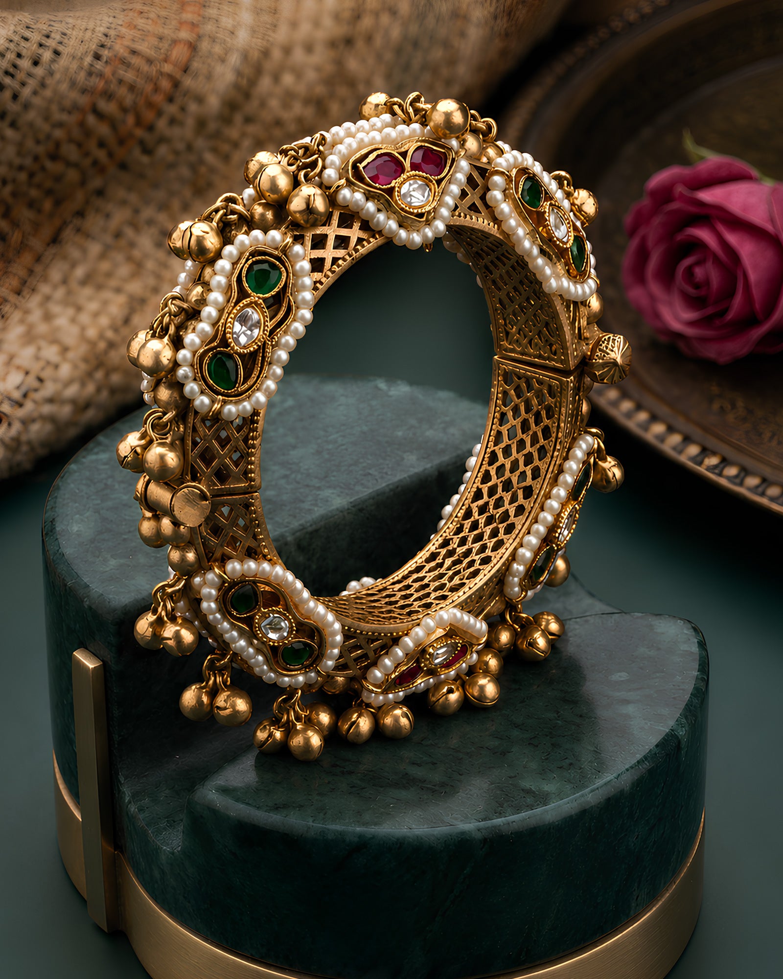Ornate Kundan & Pearl Charm Kada