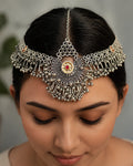 Ornate Oxidized Silver Red Stone & Ghungroo-Fringed Matha Patti
