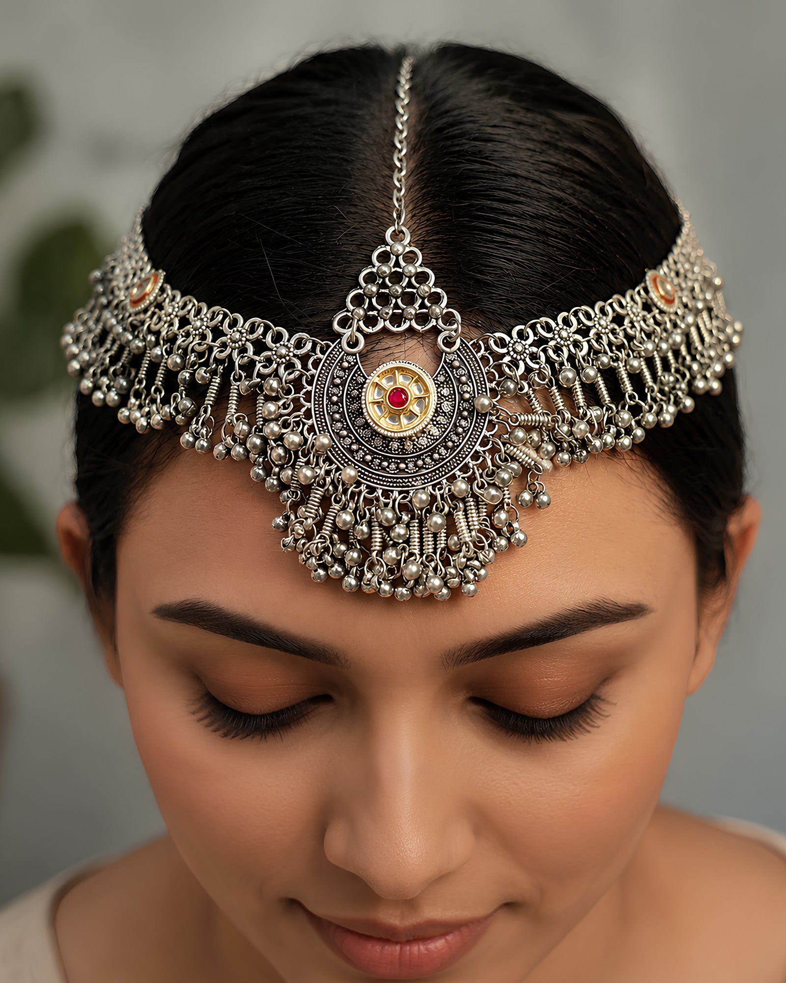 Ornate Oxidized Silver Red Stone & Ghungroo-Fringed Matha Patti