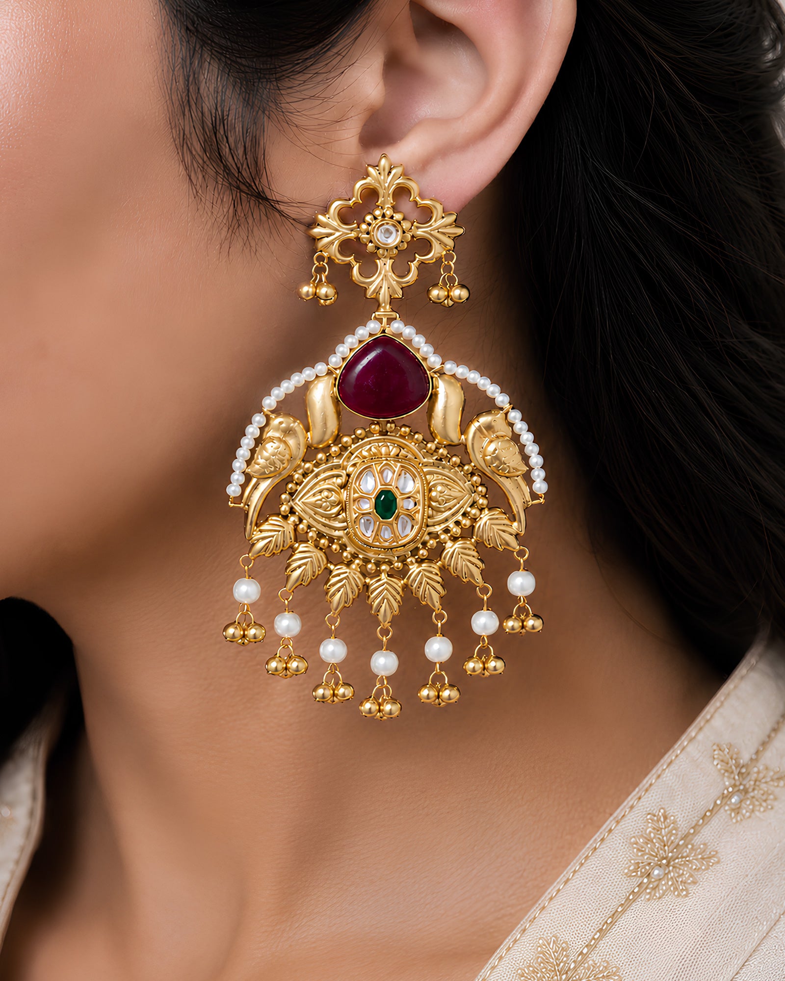 Ornate Peacock & Ruby Arch Statement Earrings
