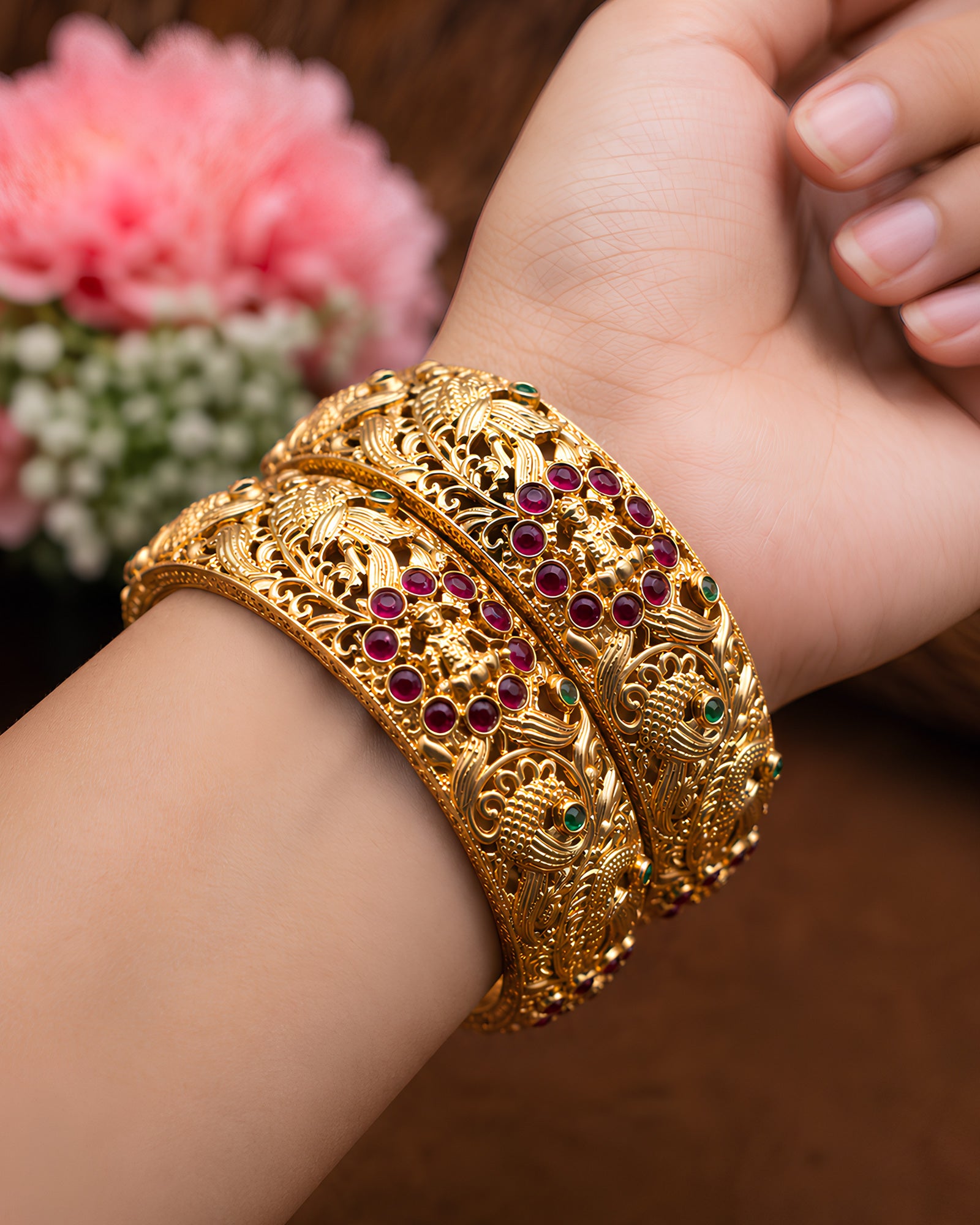 Ornate Peacock Temple-Style Gold Bangles