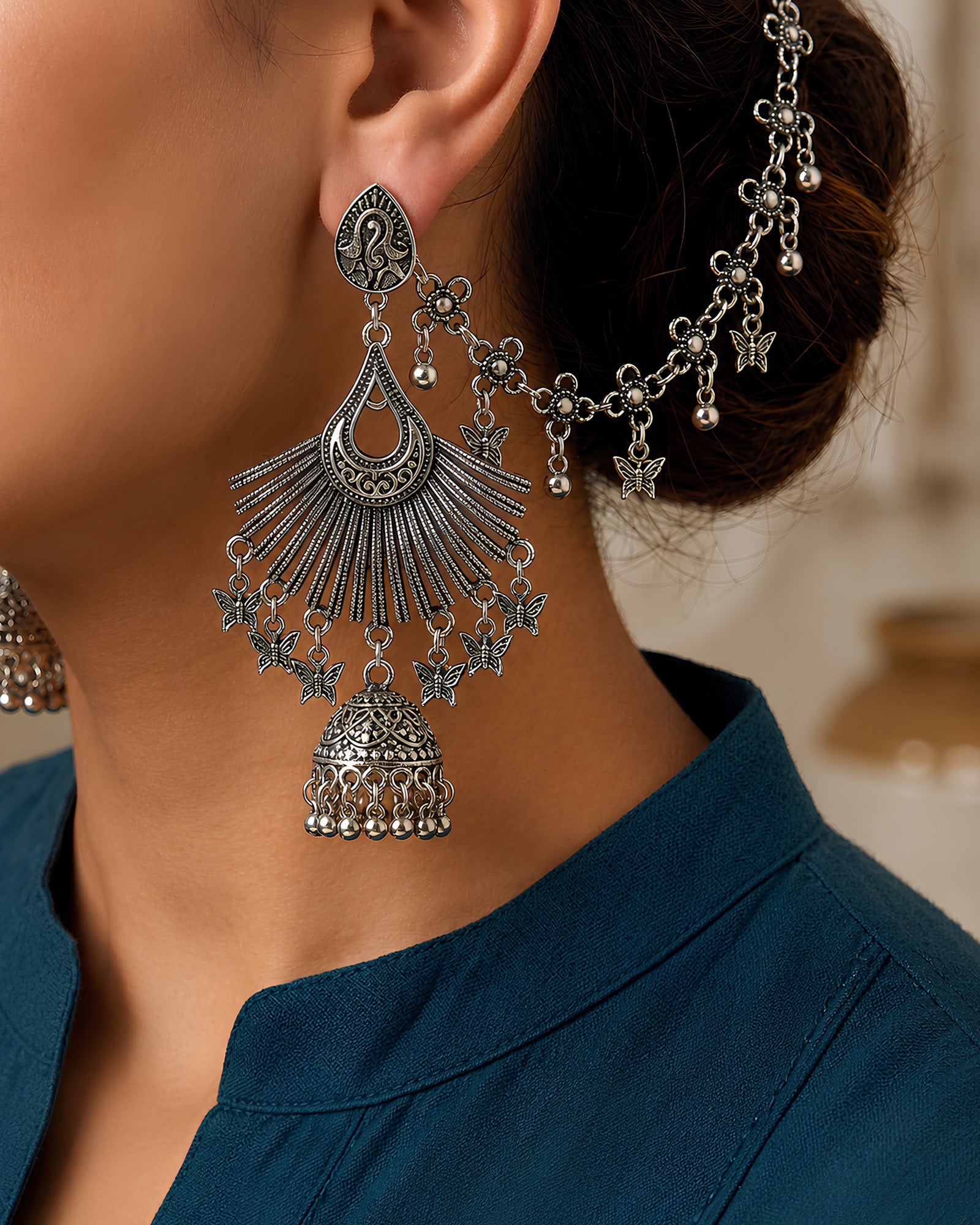 Oxidized Butterfly Fan Bahubali Jhumka Earrings