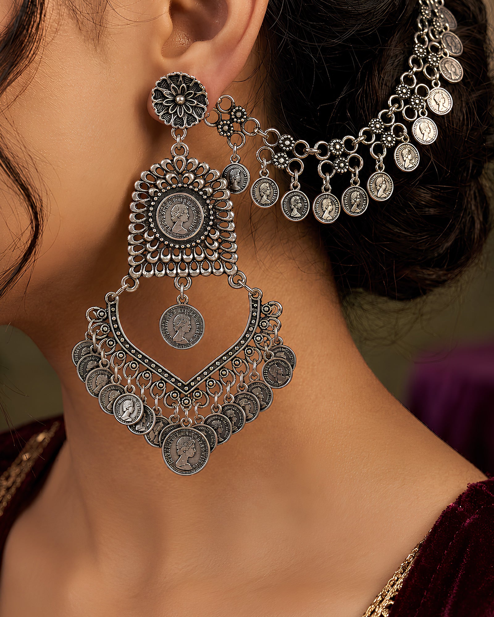 Oxidized Coin-Embellished Bahubali Earrings
