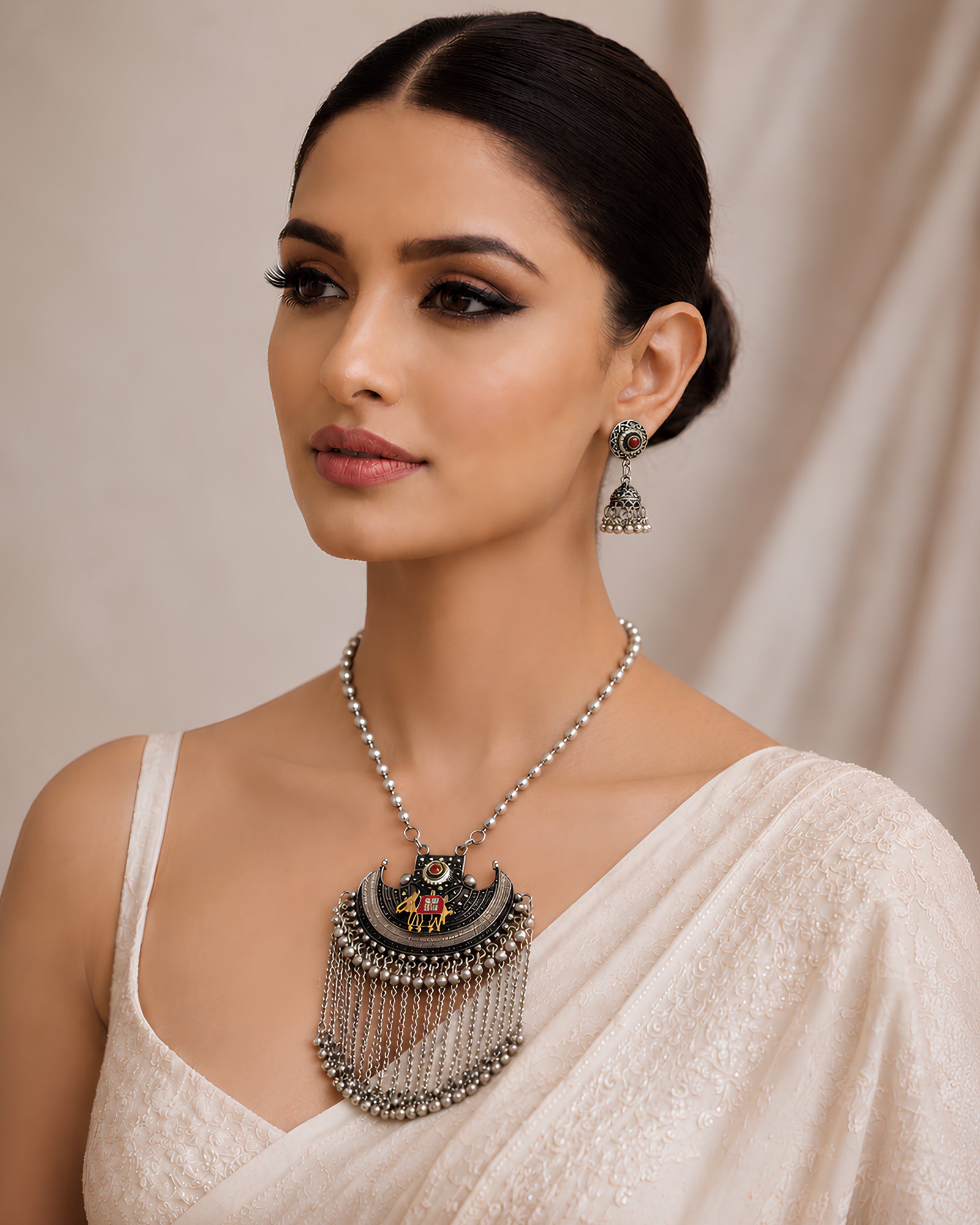 Oxidized Crescent Caparisoned Elephant & Chain Fringe Necklace Set