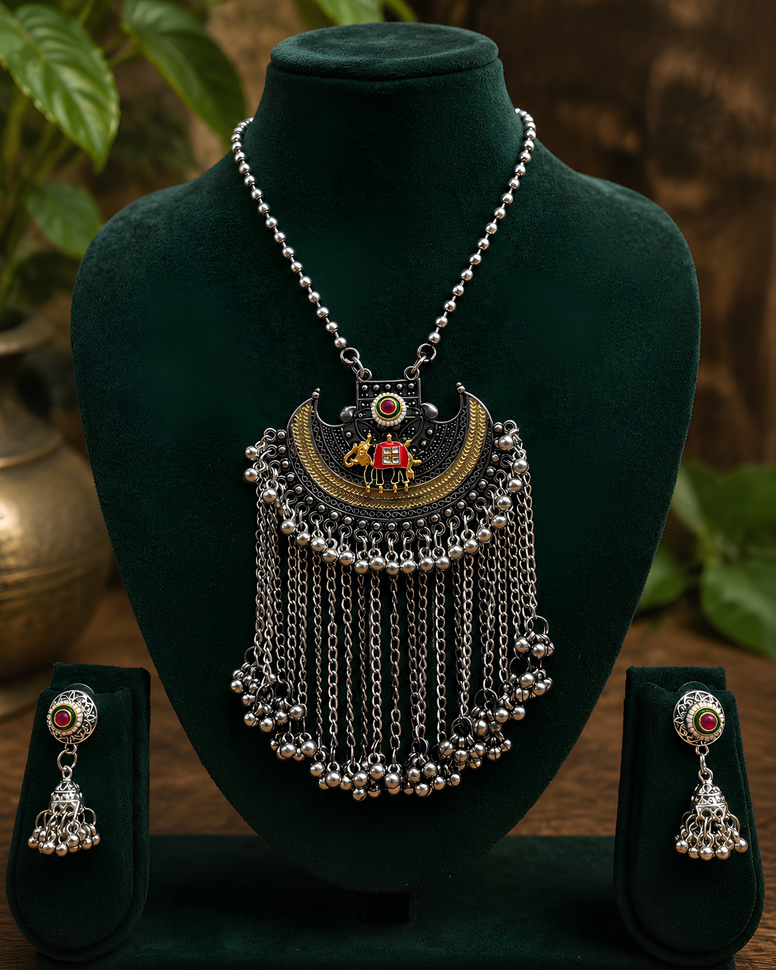 Oxidized Crescent Caparisoned Elephant & Chain Fringe Necklace Set