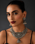 Oxidized Crescent Shield & Leaf-Fringed Jhumka Necklace Set