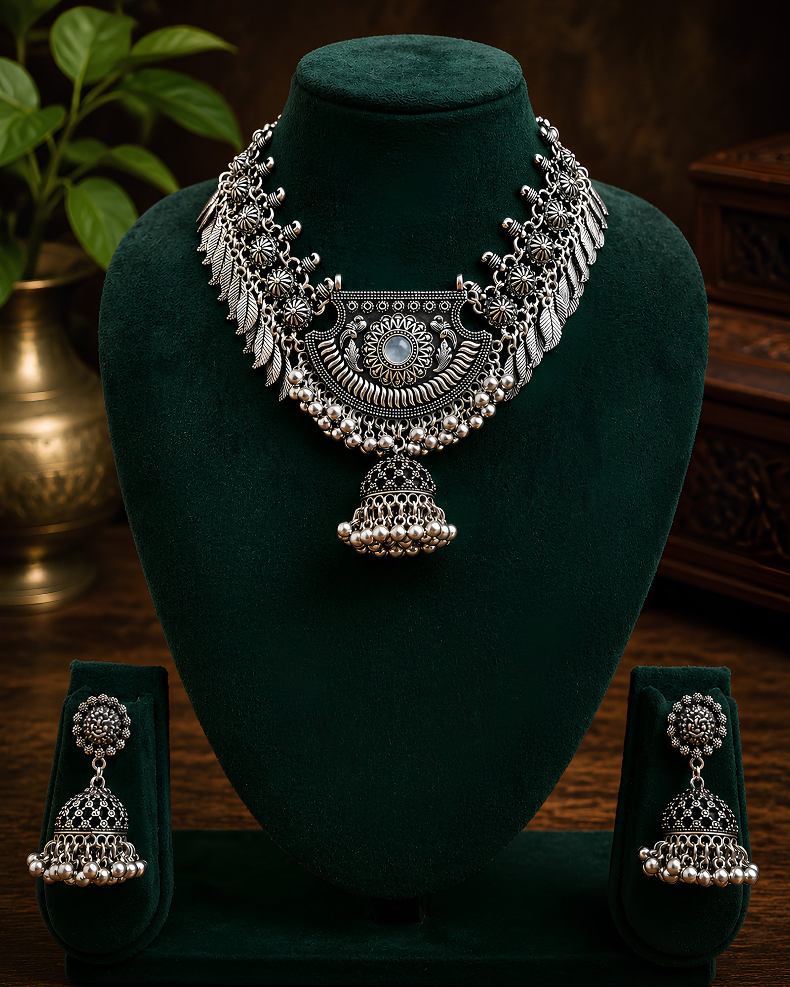 Oxidized Crescent Shield & Leaf-Fringed Jhumka Necklace Set