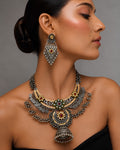 Oxidized Dual-Tone Lotus Jhumka Necklace Set
