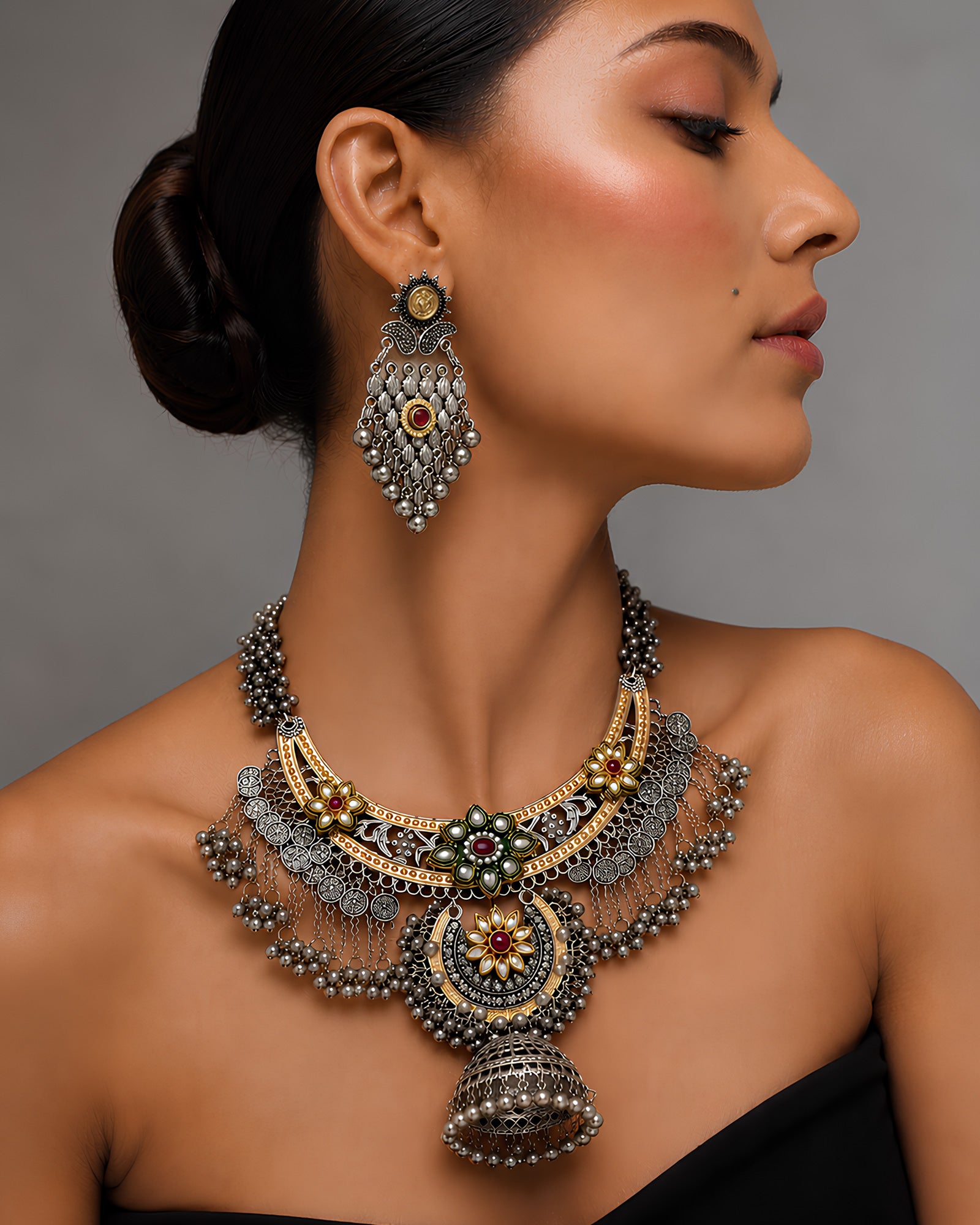 Oxidized Dual-Tone Lotus Jhumka Necklace Set