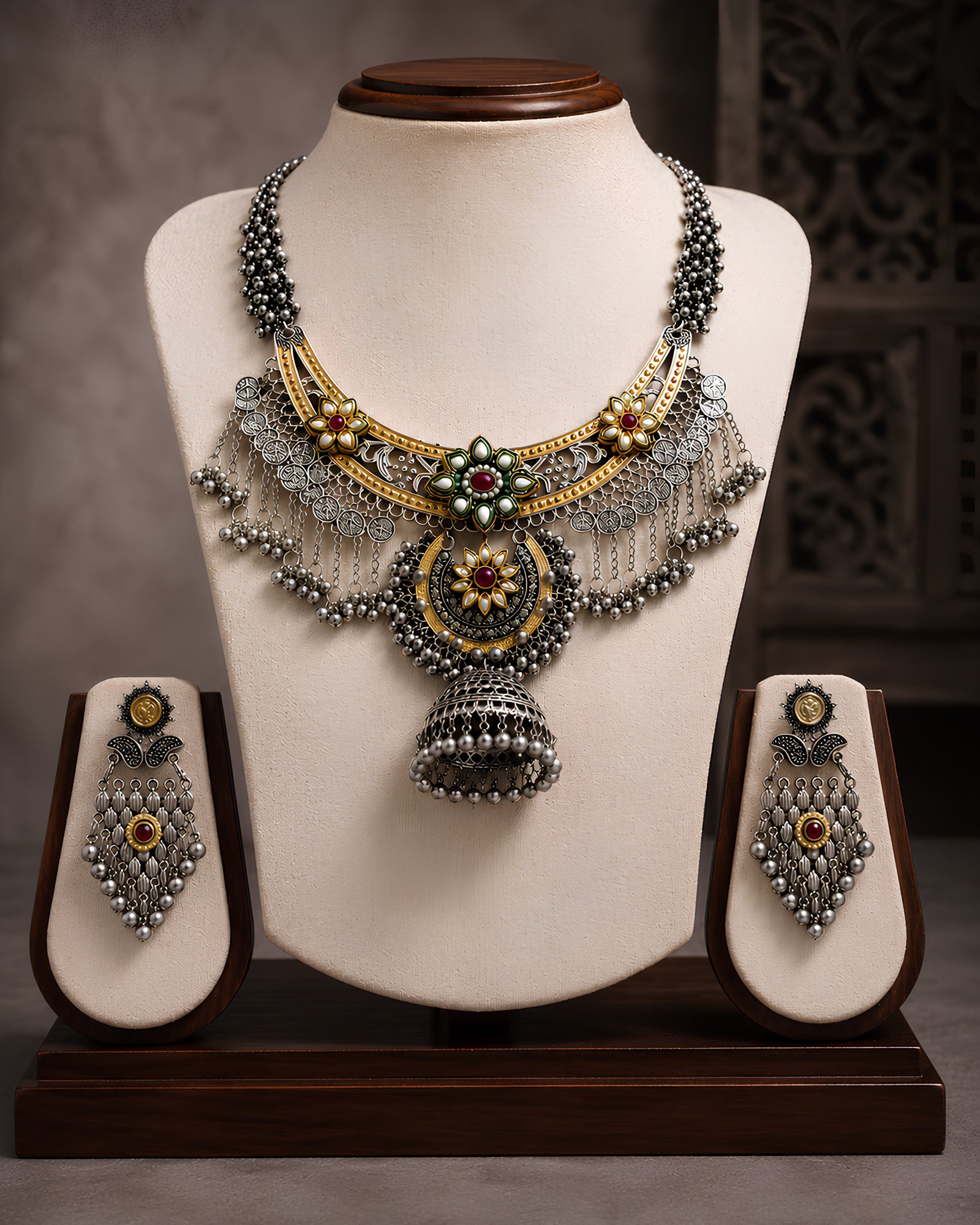 Oxidized Dual-Tone Lotus Jhumka Necklace Set