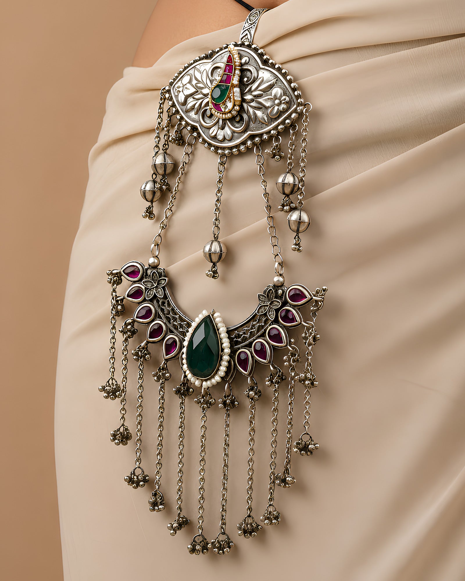 Oxidized Floral Crest & Emerald Crescent Chabi Chhalla