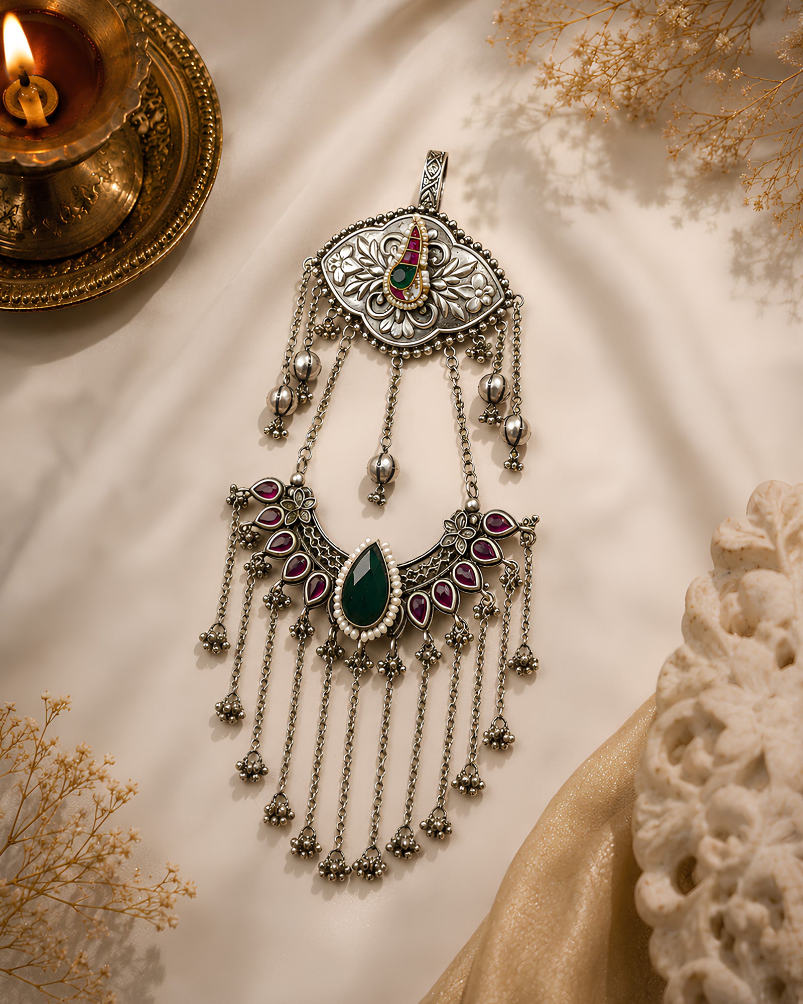 Oxidized Floral Crest & Emerald Crescent Chabi Chhalla