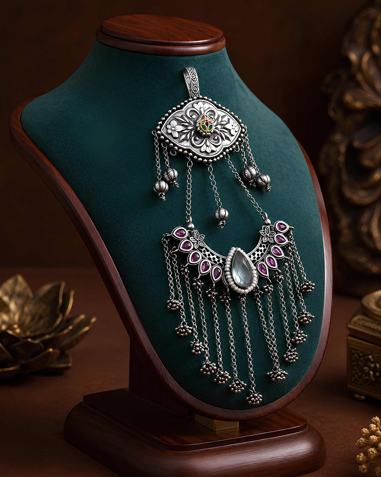 Oxidized Floral Crest & Emerald Crescent Chabi Chhalla