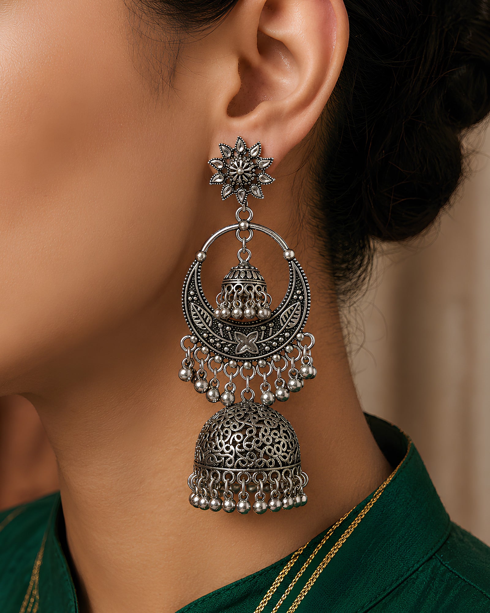 Oxidized Floral Hoop & Dual-Jhumka Earrings