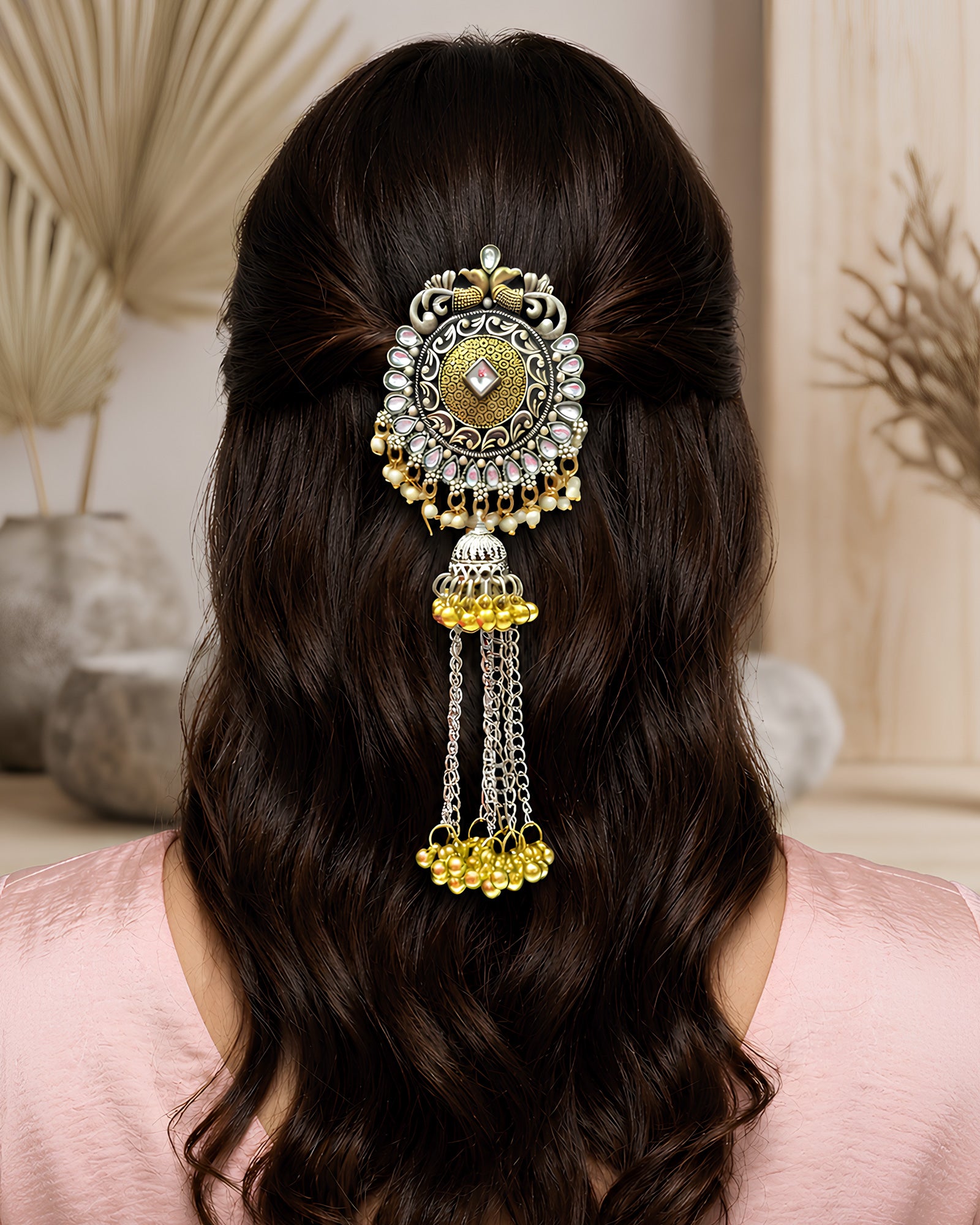 Oxidized Floral Kundan Hair Brooch with Tassels