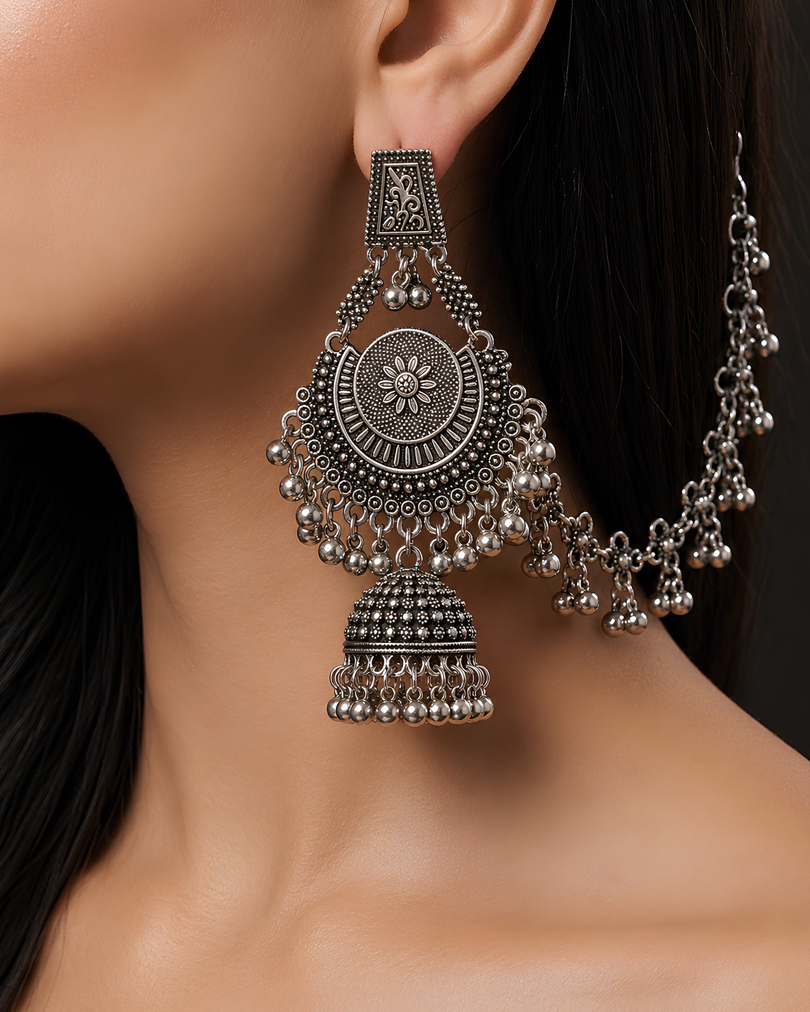 Oxidized Floral Mandala Bahubali Jhumka Earrings