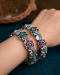 Oxidized Floral Peacock Motif Ruby & Emerald Kada Bangles